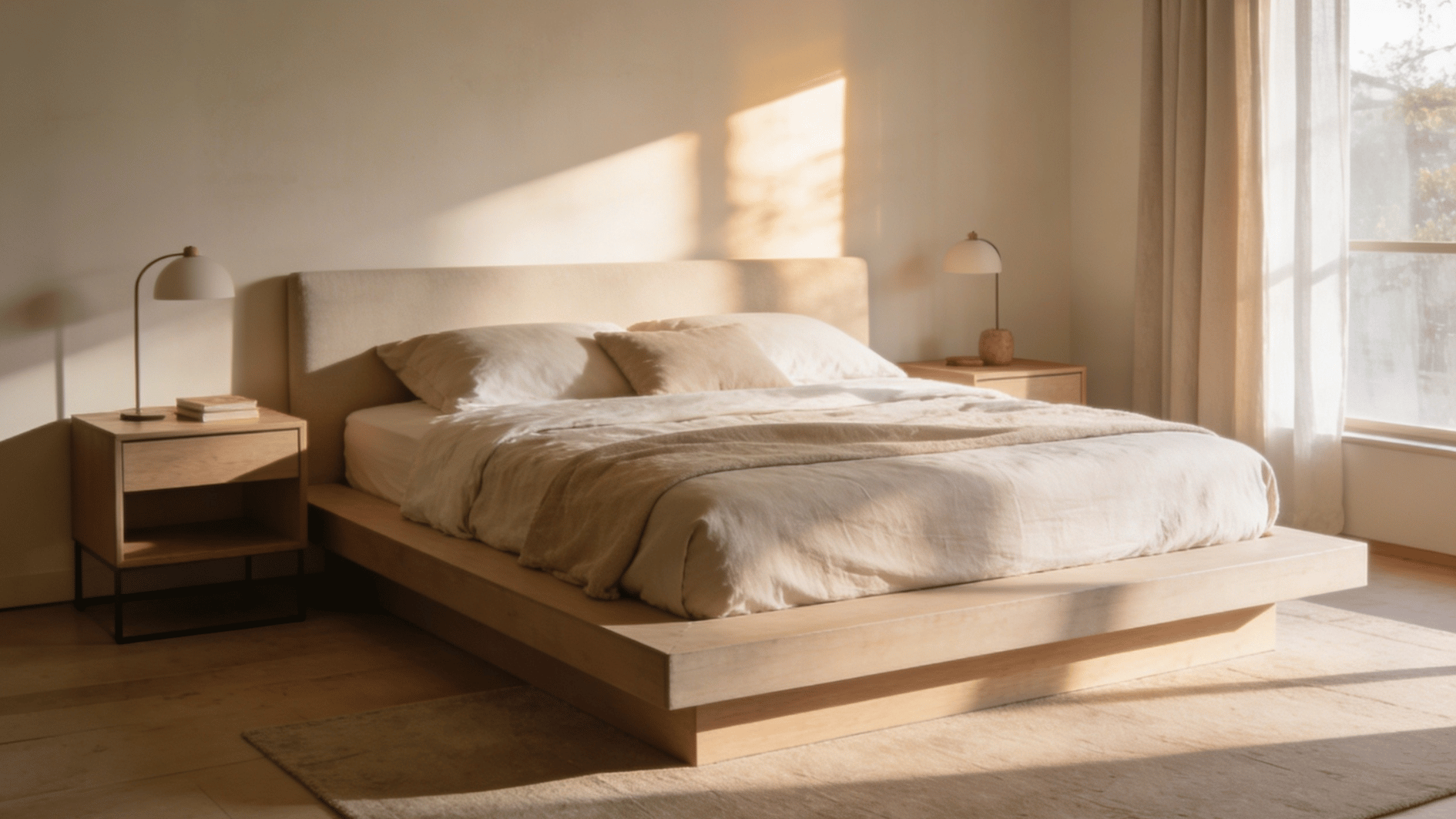 modern platform bed with soft sunlight pendant lamps and minimalist wooden bedroom furniture design