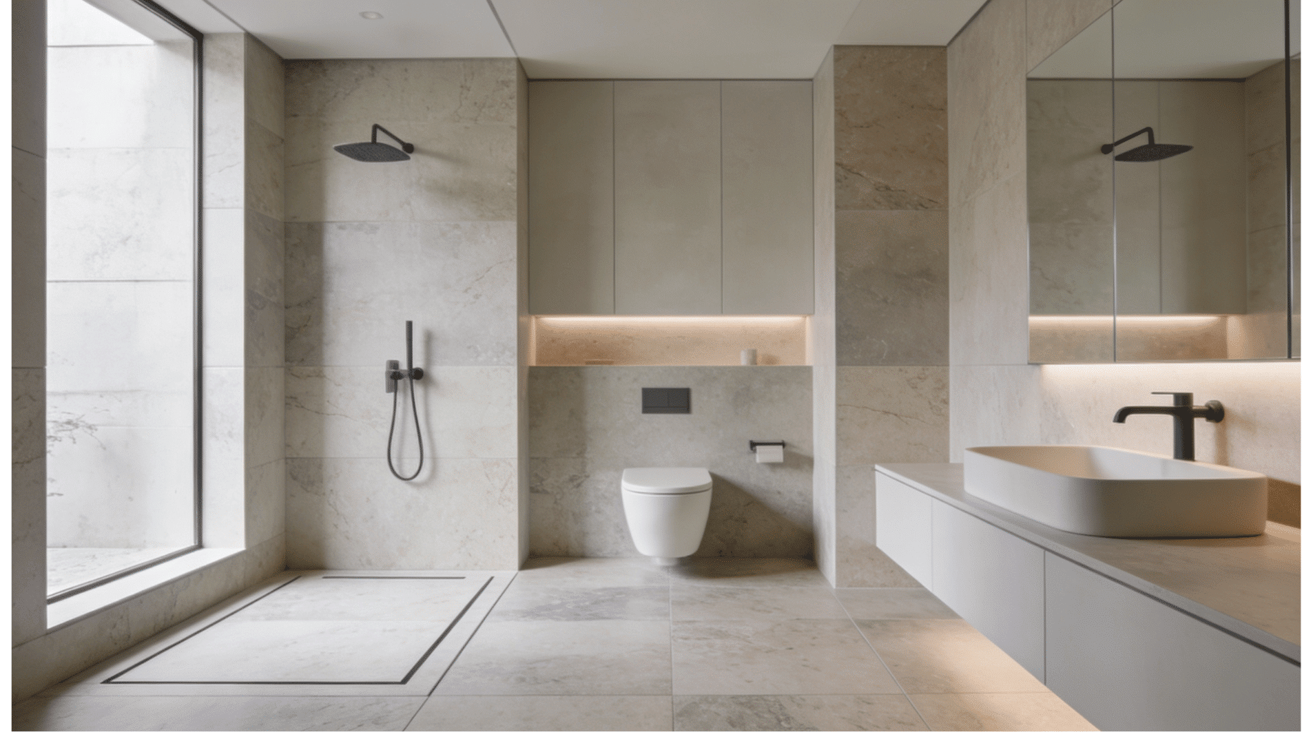 modern spa style bathroom with stone walls floating vanity concealed lighting and frameless glass shower enclosure
