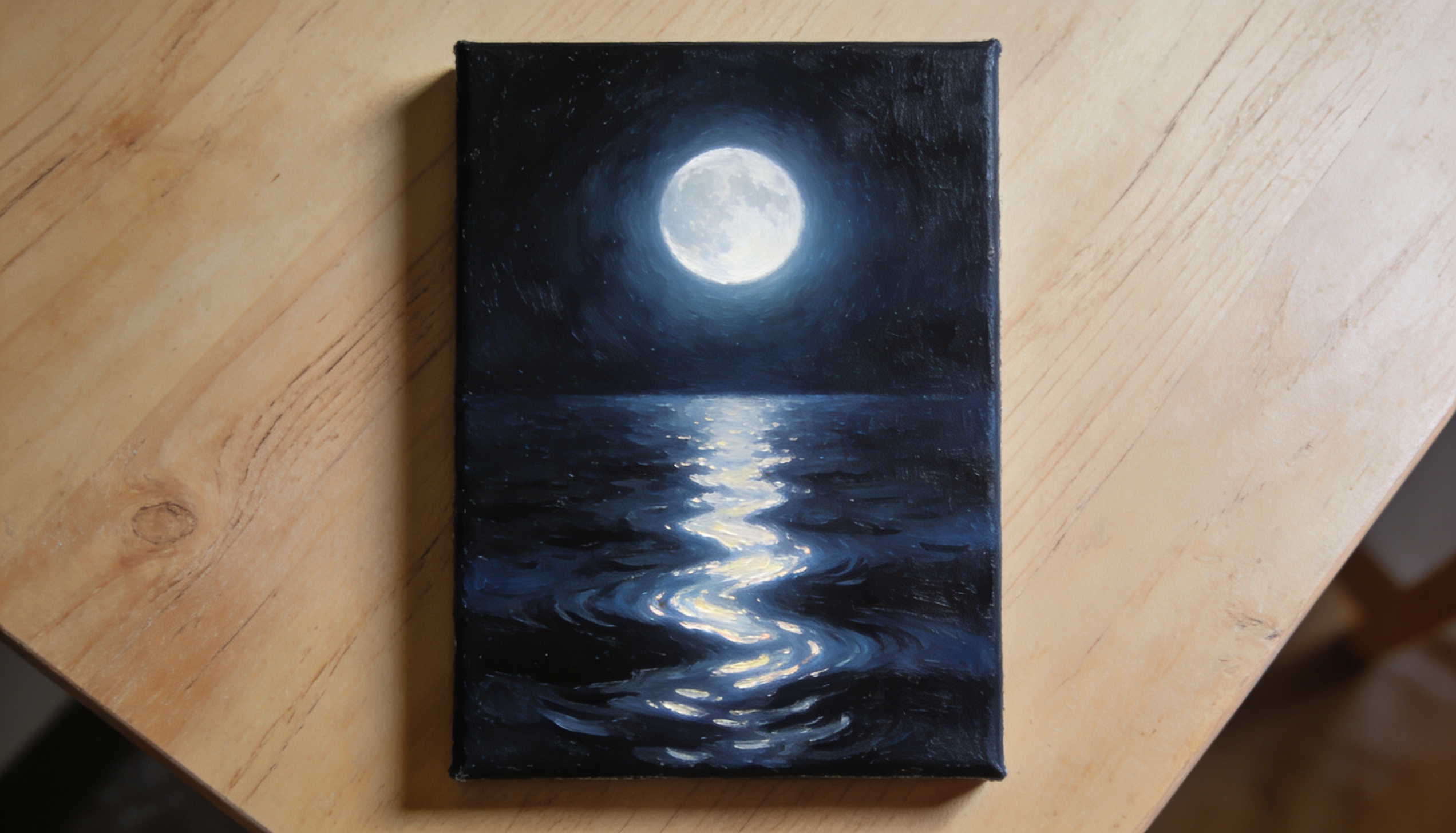 Minimal moonlight canvas artwork with luminous full moon above a peaceful dark ocean horizon.