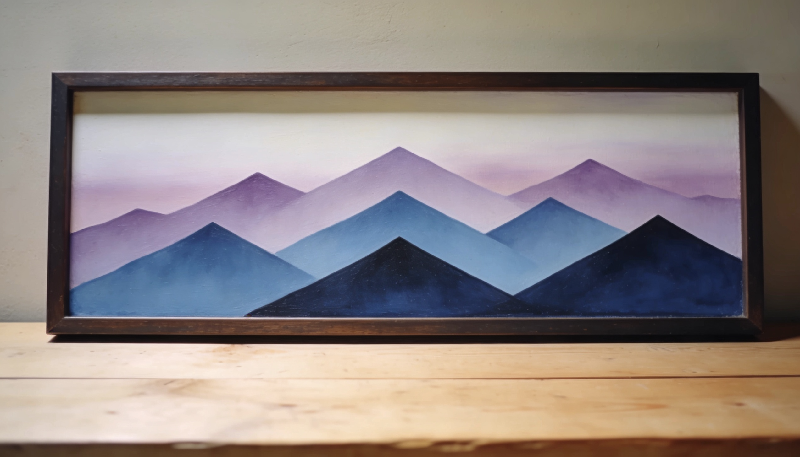 Minimal landscape artwork featuring abstract mountain silhouettes in calming pastel shades.
