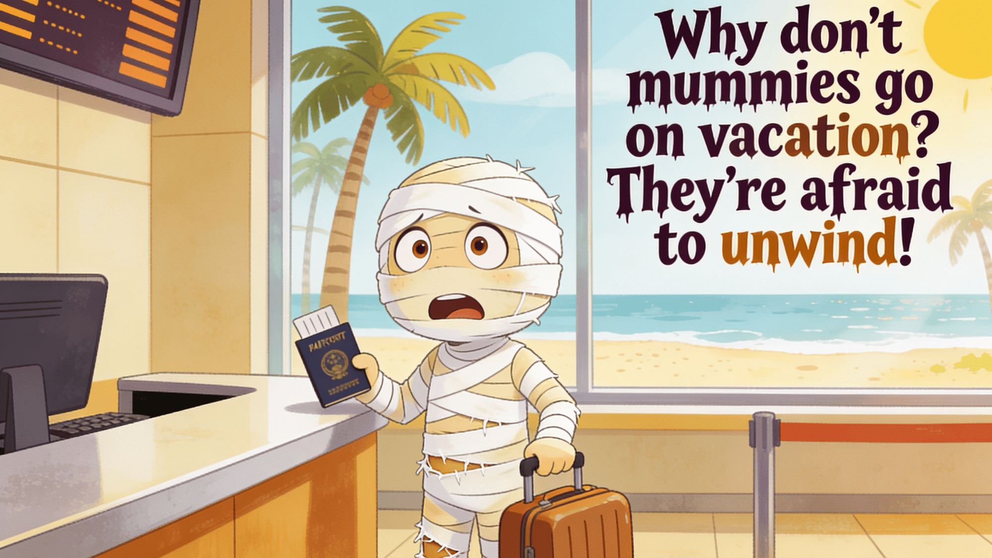 mummy at airport vacation joke afraid to unwind cartoon illustration