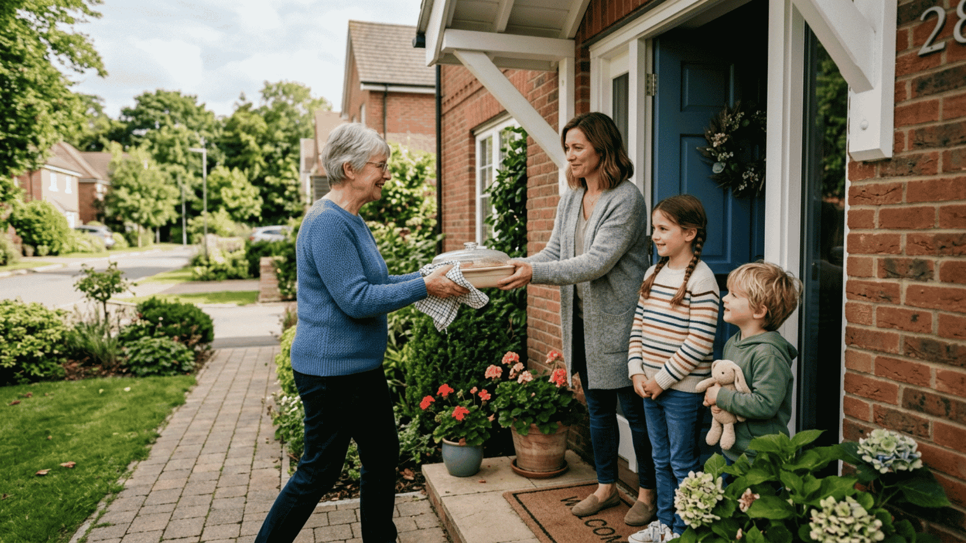 neighbor with gentle smile handing home cooked meal to a woman and children at their front door on memorial day