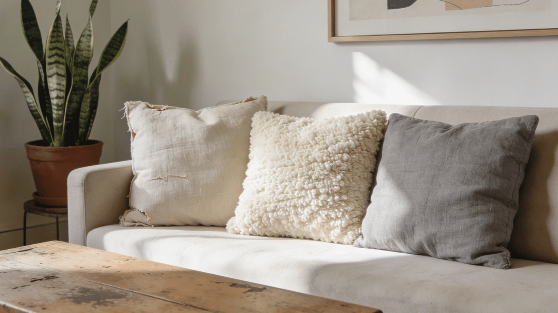 neutral sofa with textured white and gray pillows in minimalist living room with soft natural lighting