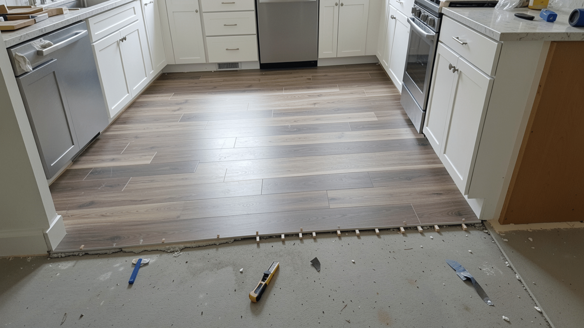 new wood flooring installation in modern white kitchen with tools and unfinished edge during renovation process