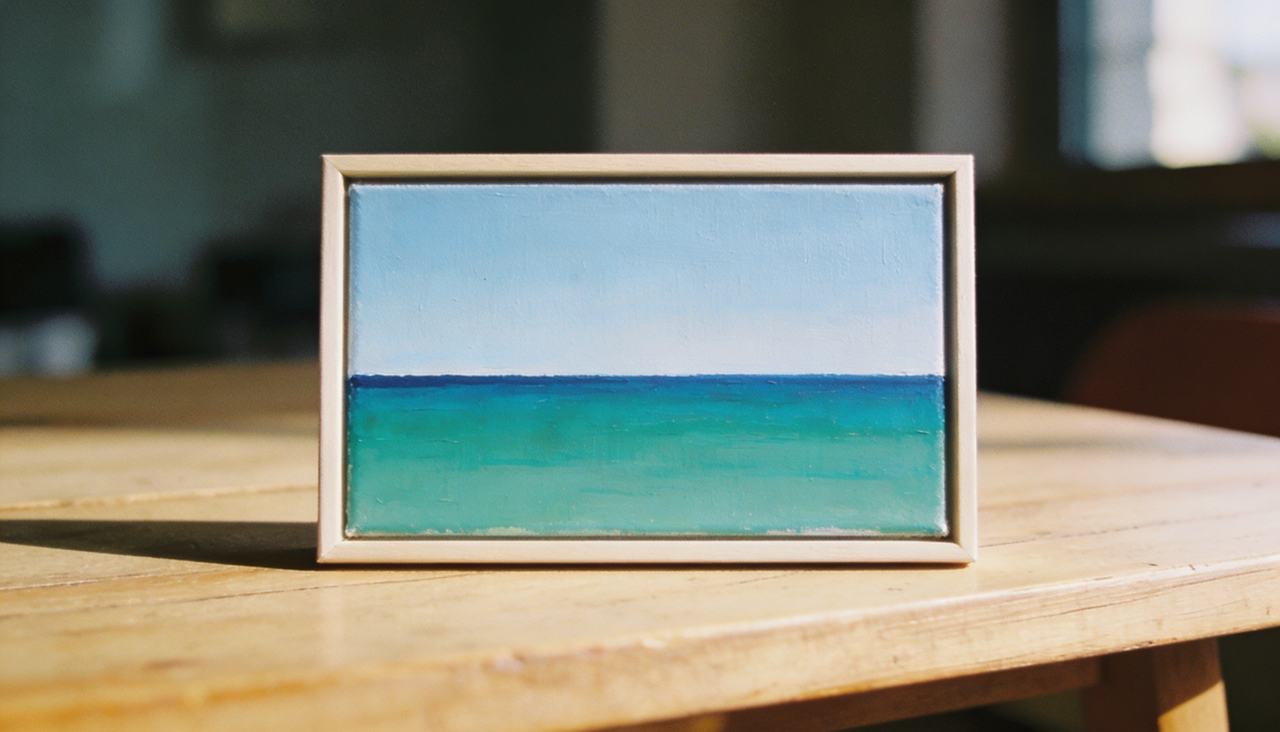 Minimal ocean painting with turquoise water and clear blue sky in a small framed canvas.