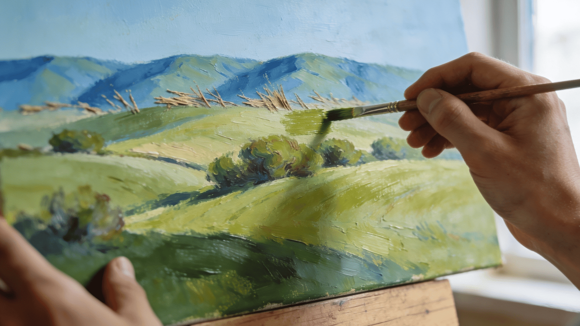 oil painting green hills and countryside landscape with textured brush strokes and easel