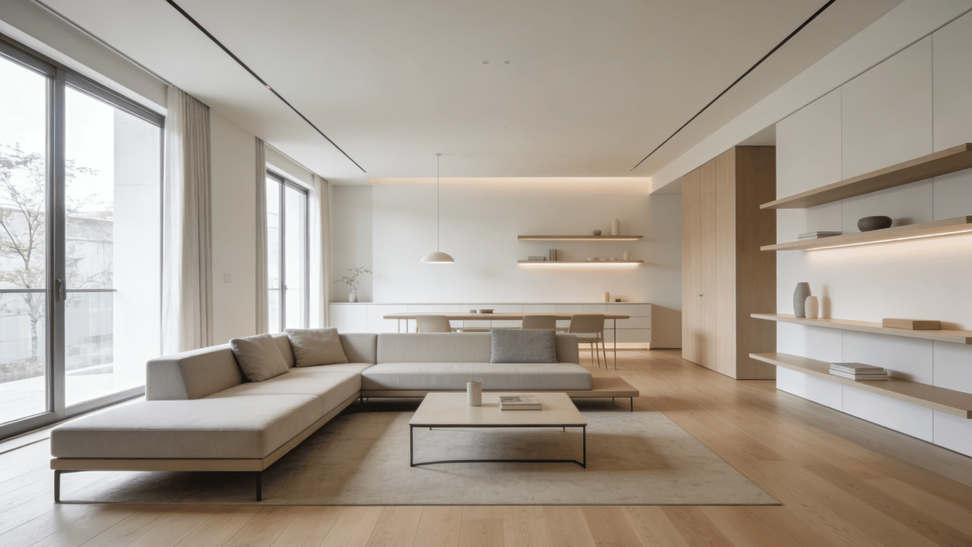 open plan minimalist living room with dining area floating shelves neutral furniture and warm wood flooring