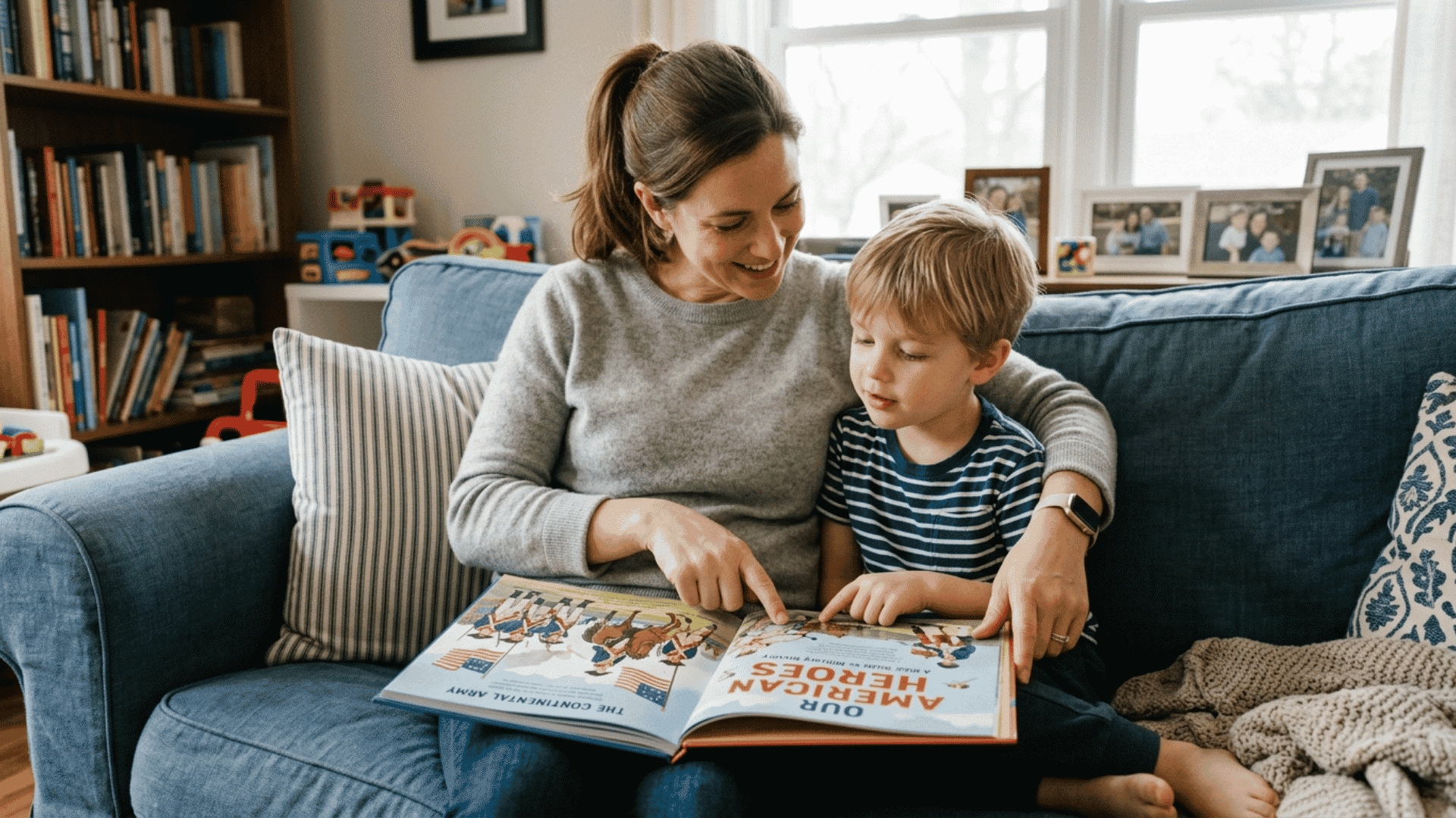 parent and child sitting together reading a book about military history on memorial day