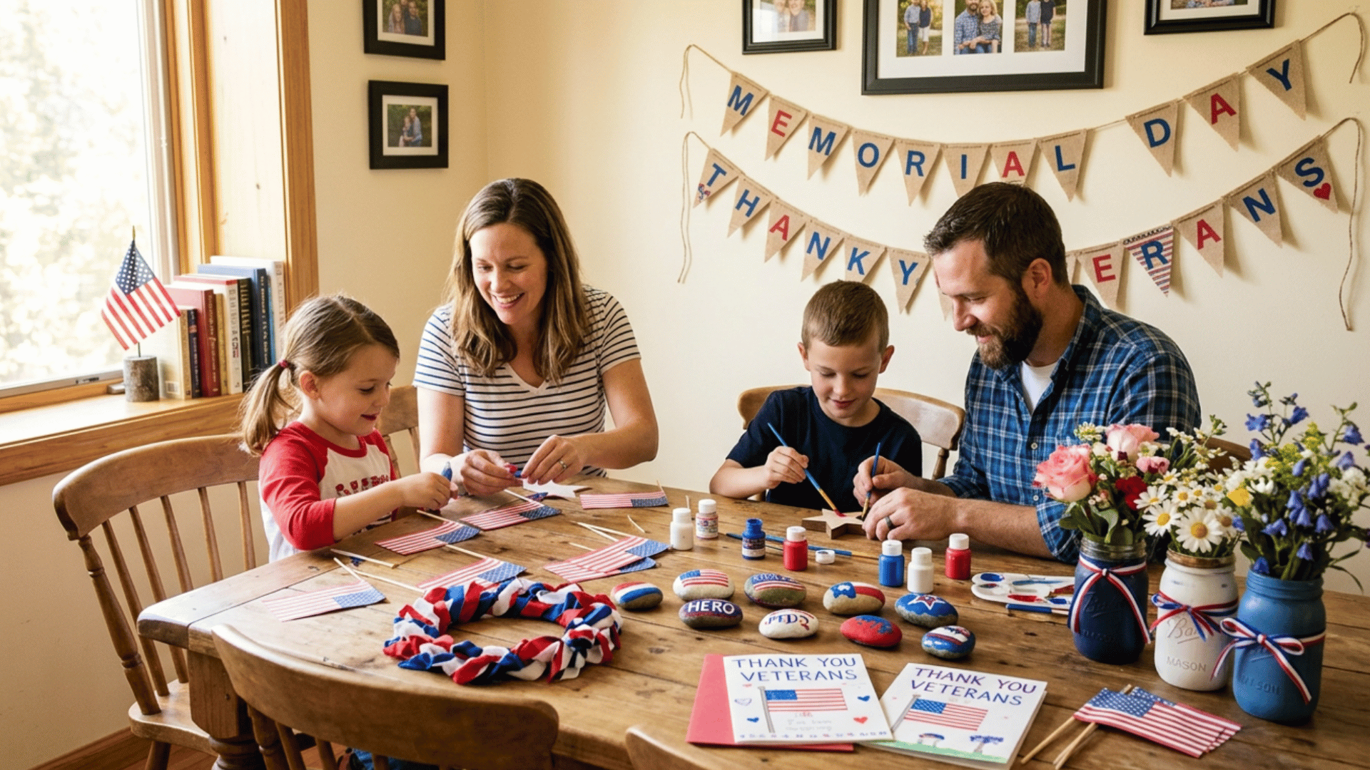 parents and kids making memorial day crafts and patriotic decorations together at a dining table
