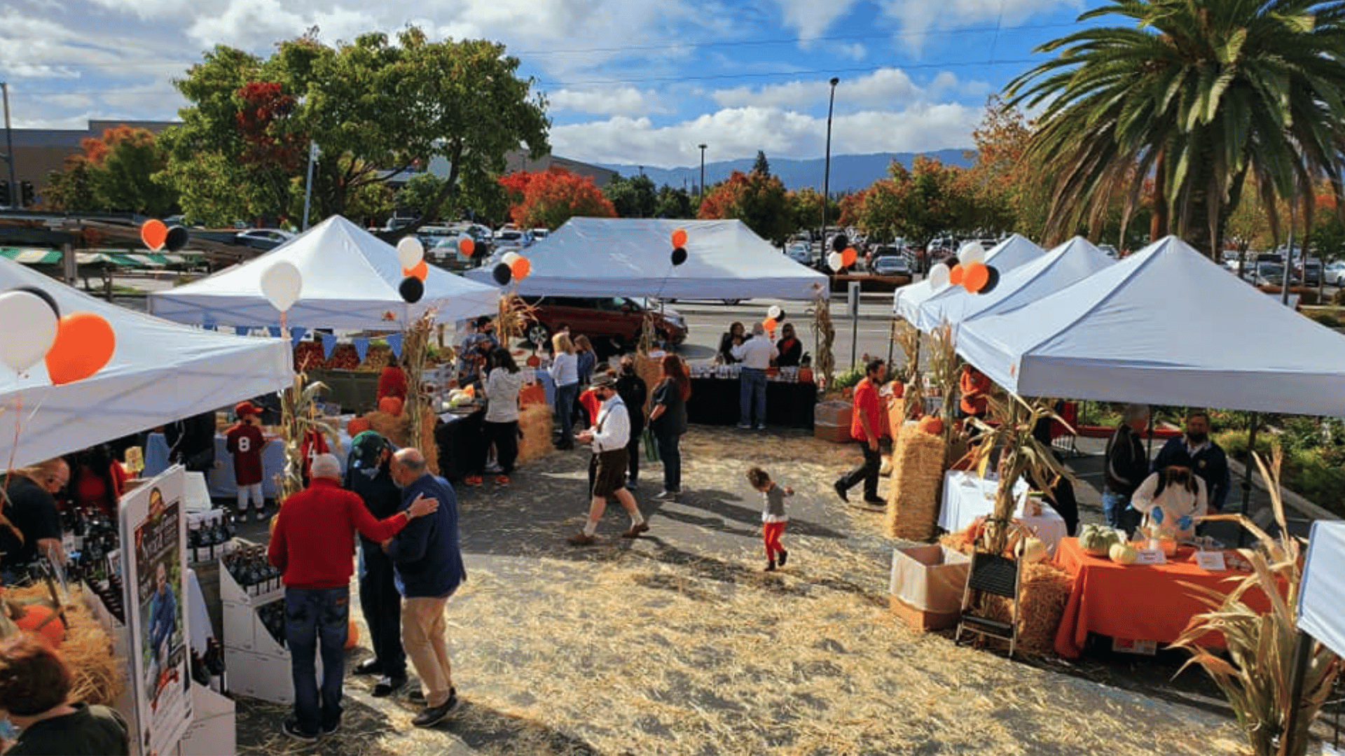 people exploring a busy outdoor farmers market with food stalls, local crafts, and live music