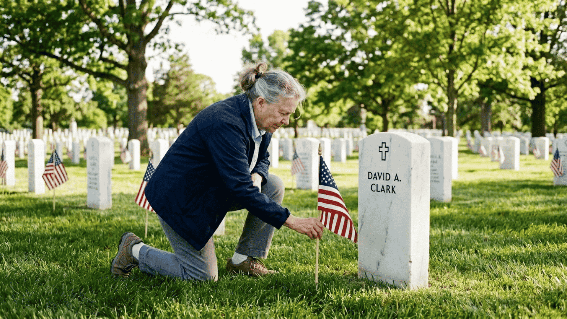 person placing american flag beside a military headstone in a cemetery on memorial day.