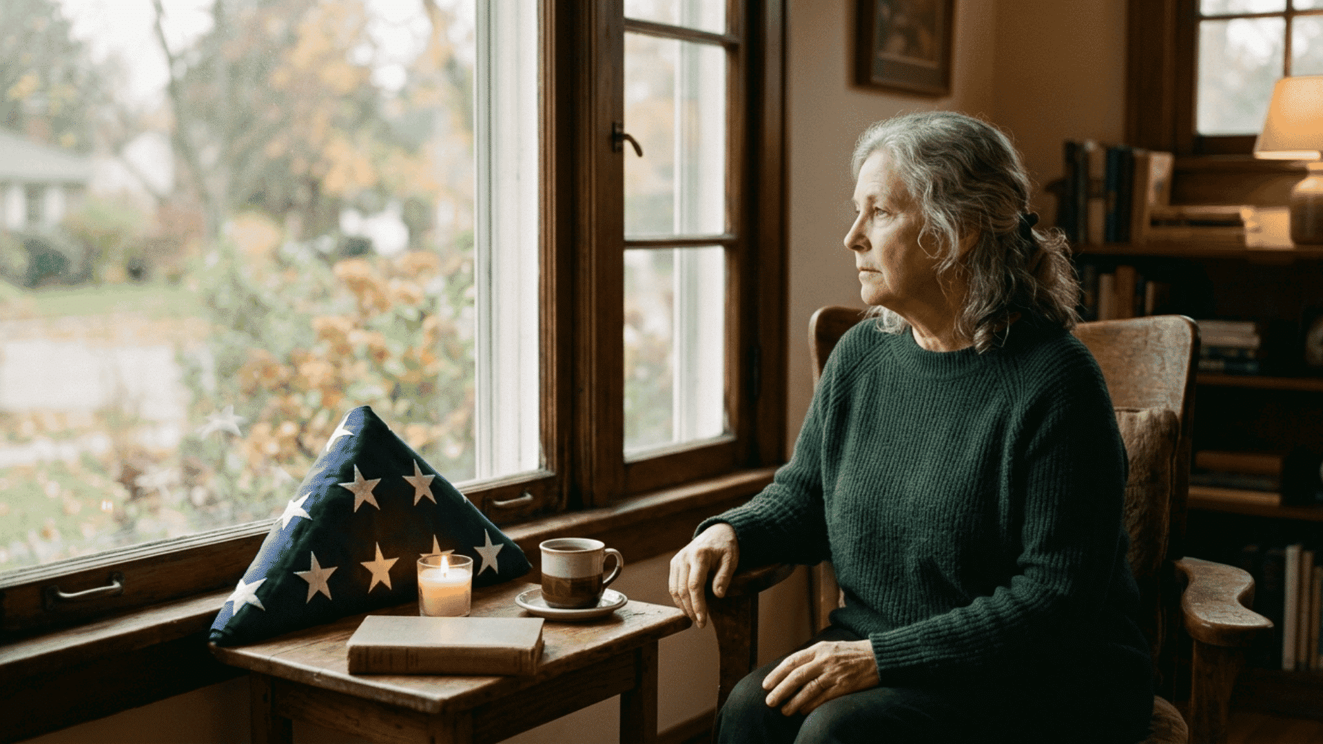 person sitting by a window with a lit candle and folded american flag reflecting quietly on memorial day