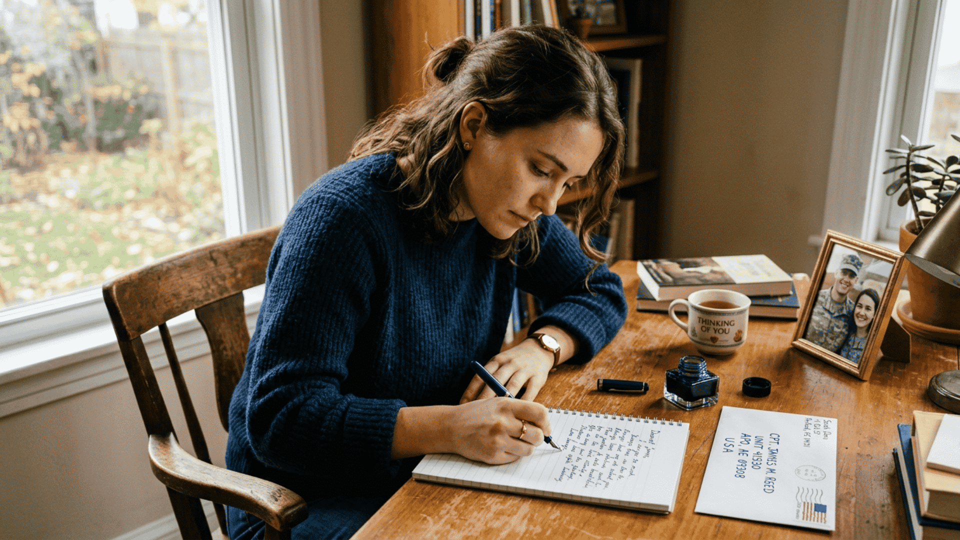 person writing a handwritten letter at a wooden desk with an addressed envelope and small american flag nearby