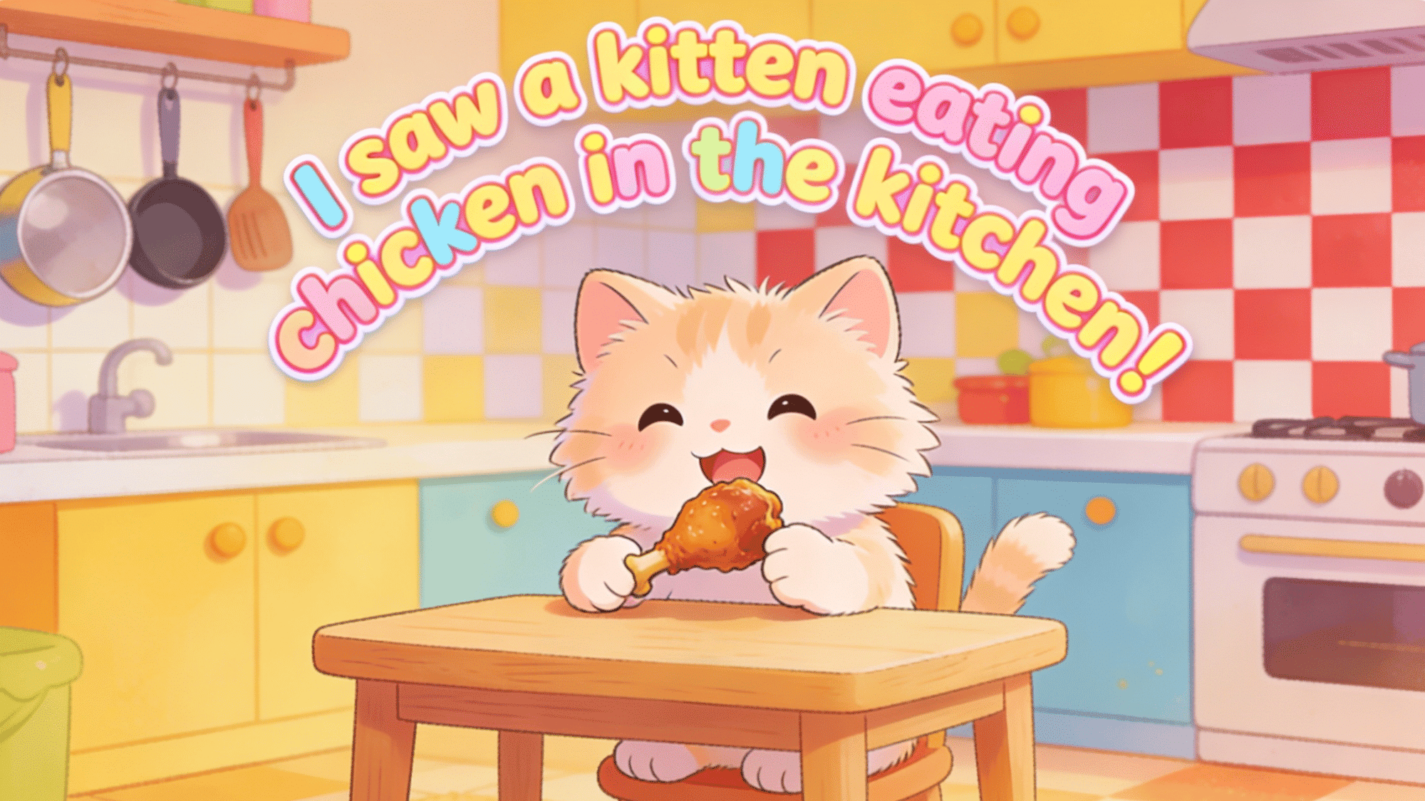 photo of kitten eating chicken in colorful cartoon kitchen