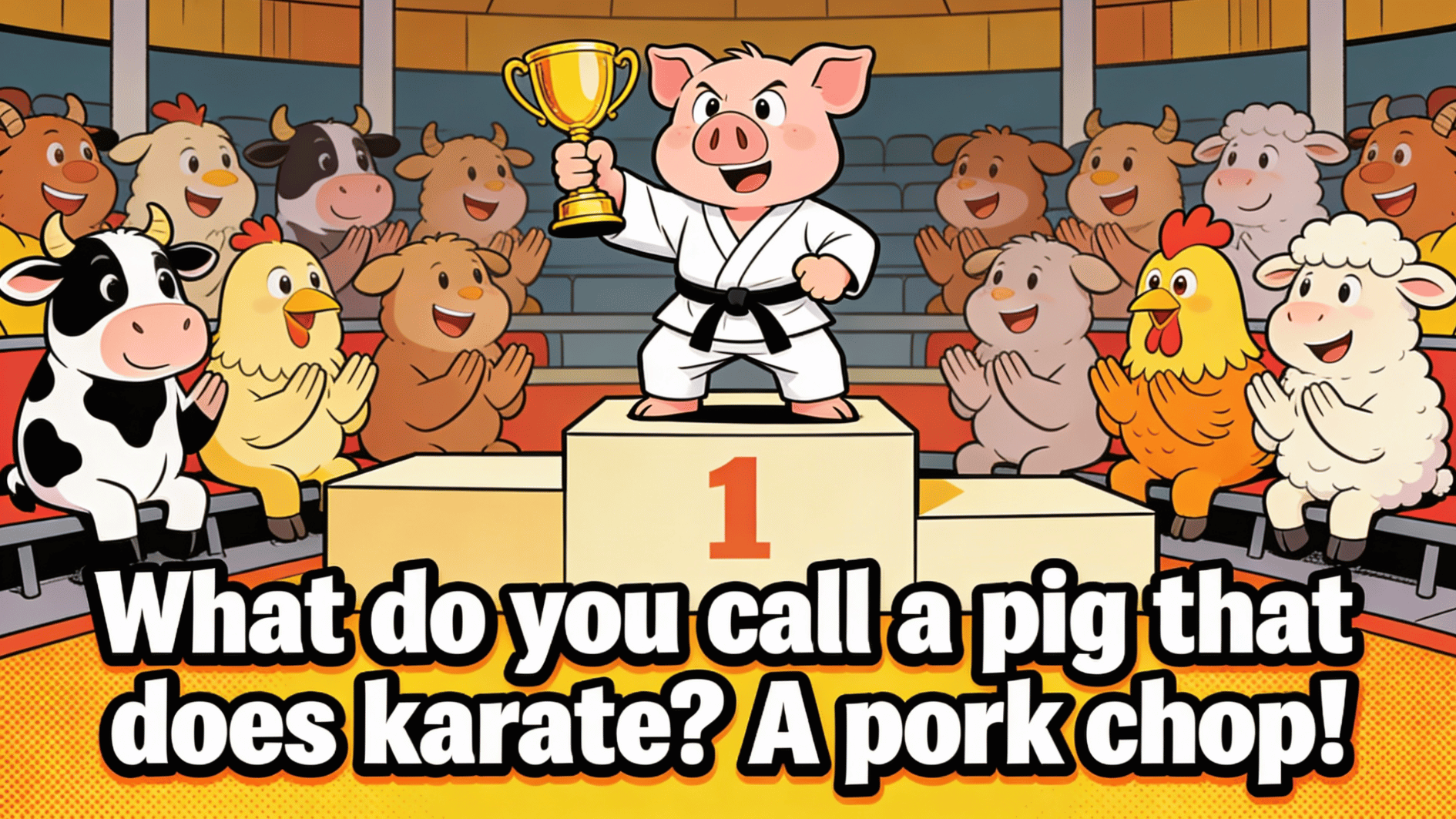 pig in karate uniform holding trophy on winner podium while farm animals cheer in colorful cartoon arena scene
