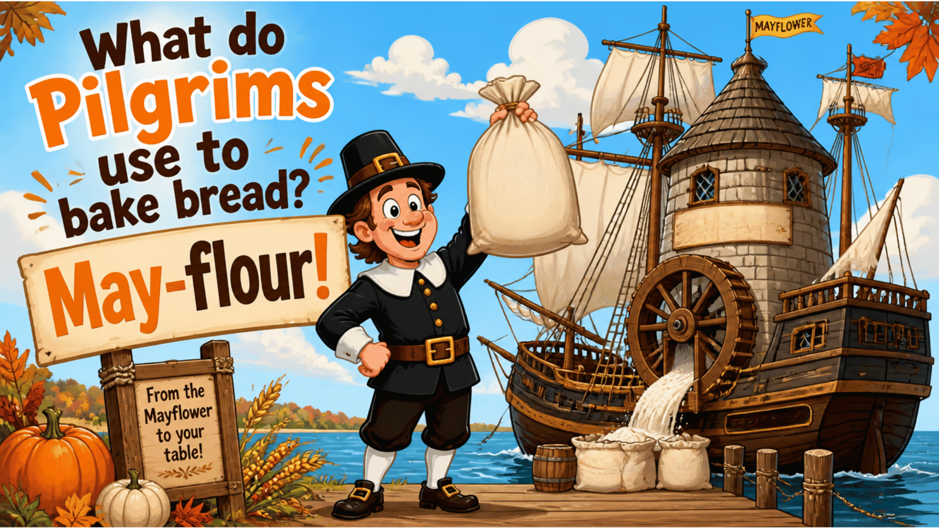 pilgrim holding bag of may flour beside mayflower ship and flour mill thanksgiving bread joke