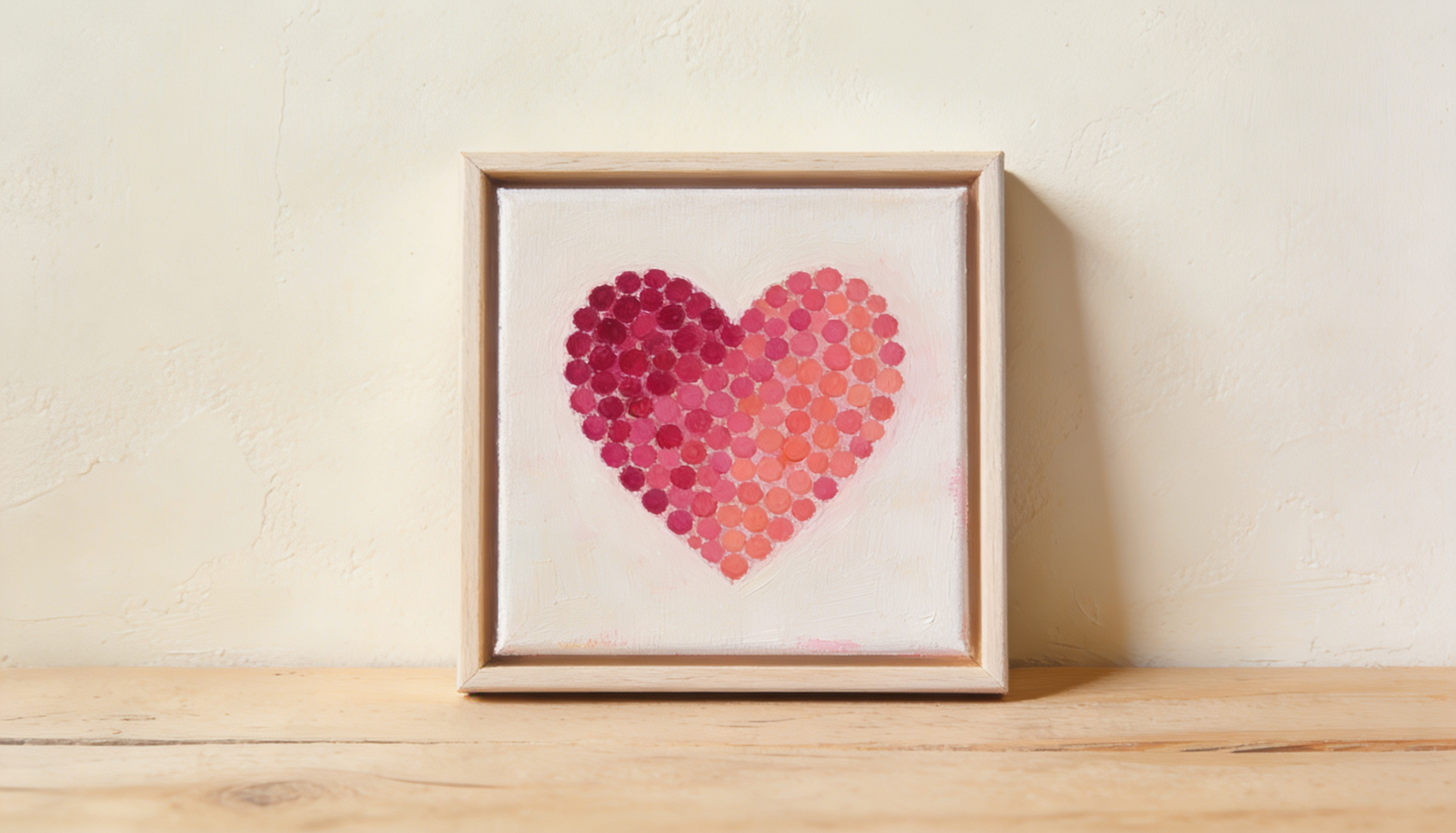 A framed small square canvas showing a heart shape filled with painted dots in deep rose and soft coral tones.