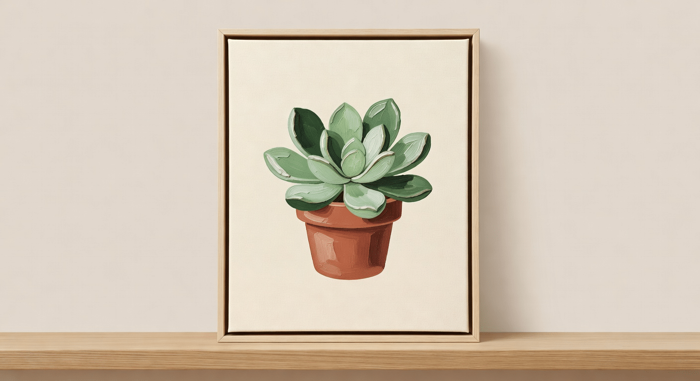 vertical canvas of a cute terracotta pot with chunky sage and forest green succulent leaves fanning out from the top.