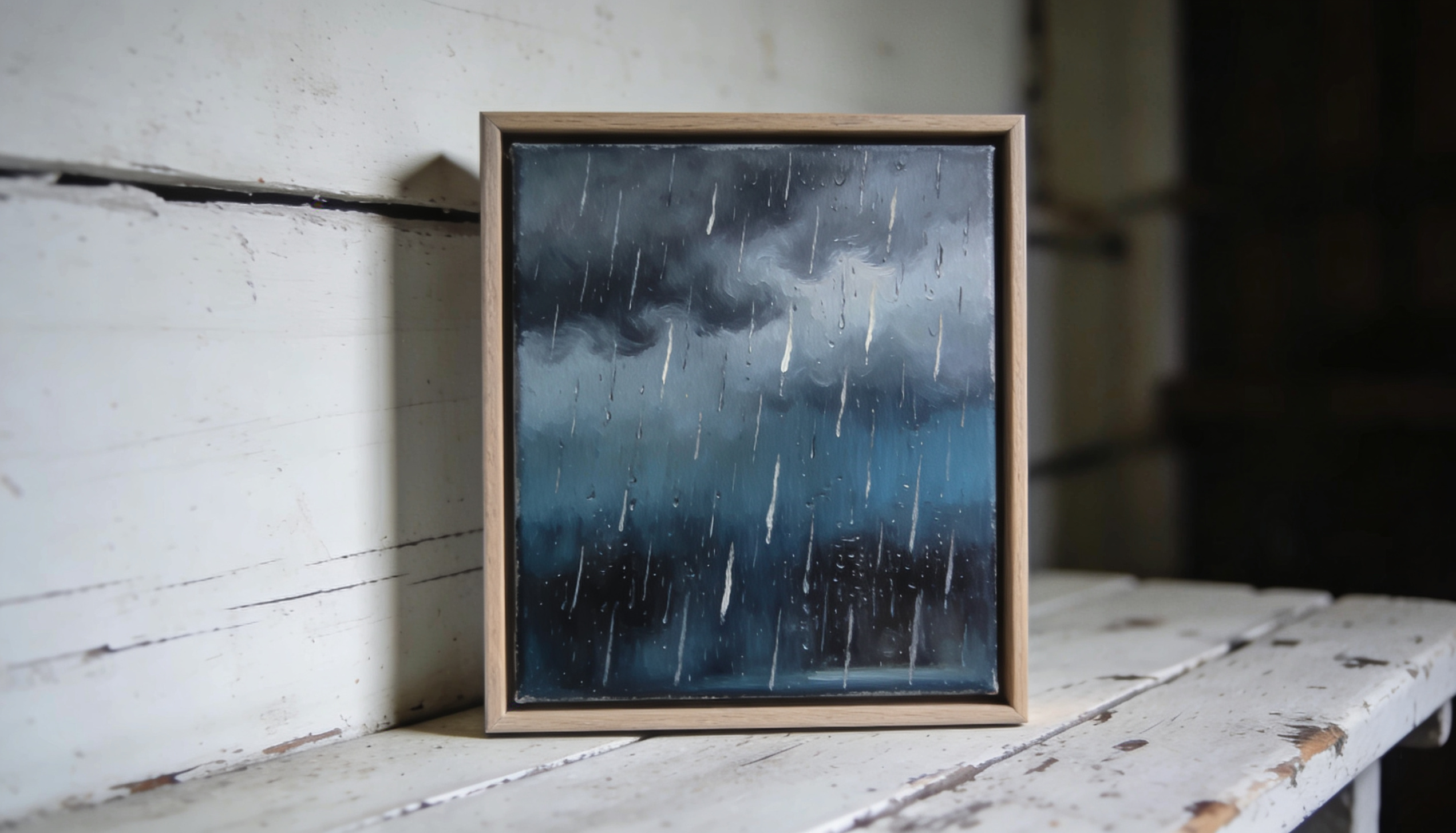 Moody rainstorm painting with dark clouds and falling rain in a minimalist wood frame.