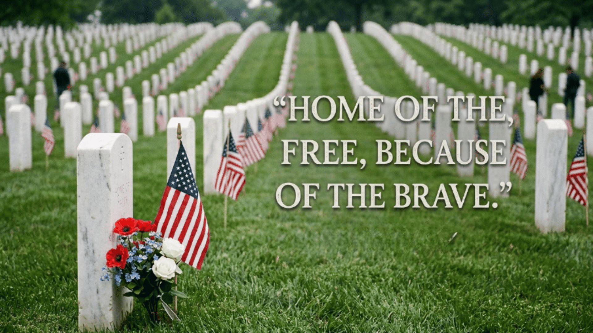 rows of white military grave markers with American flags honor fallen heroes during a Memorial Day tribute ceremony.