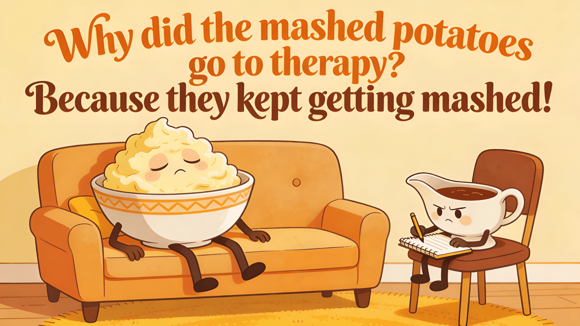 sad mashed potatoes on couch talking to gravy therapist about getting mashed funny thanksgiving joke