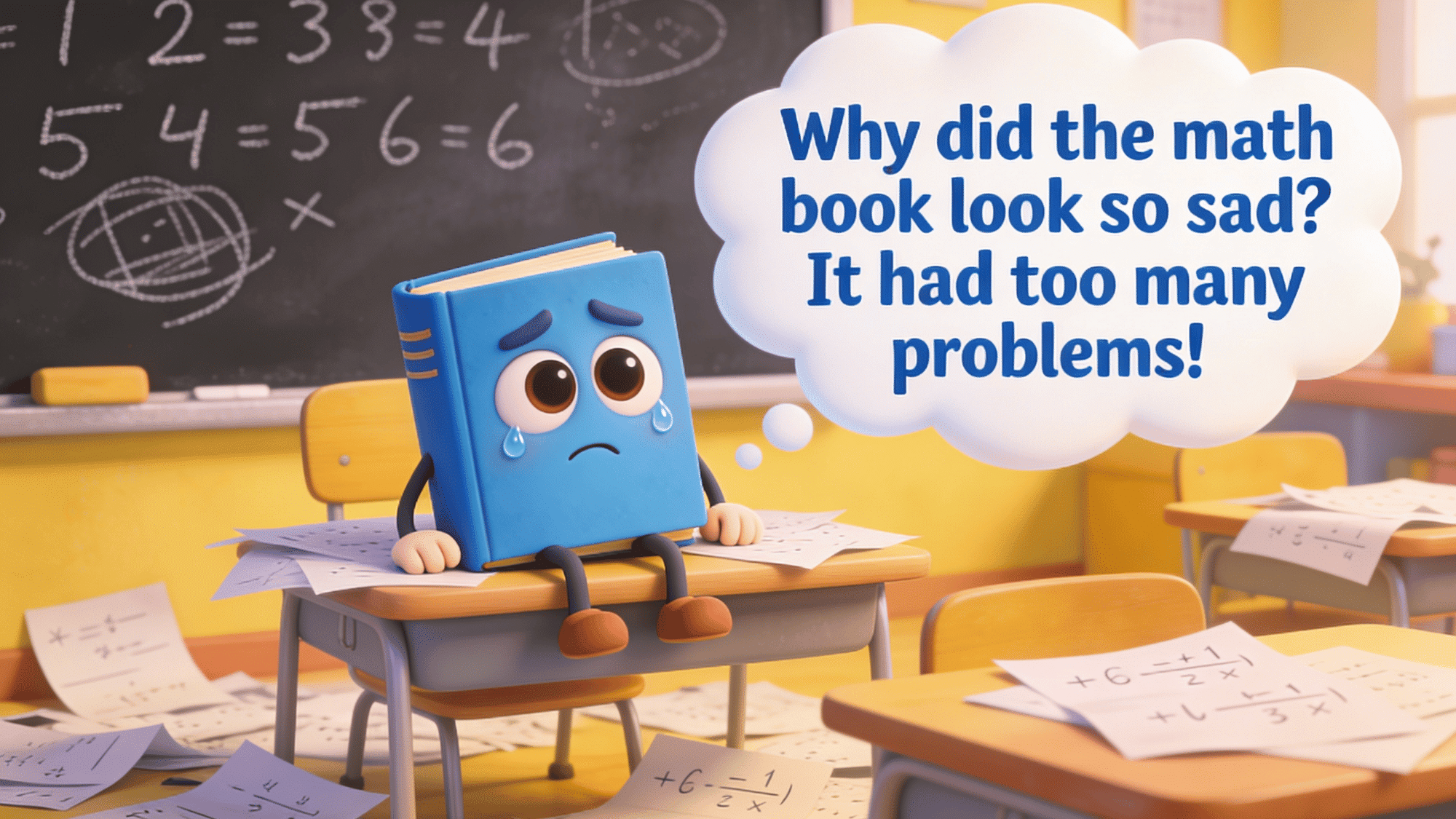 sad math book cartoon in classroom with too many problems joke