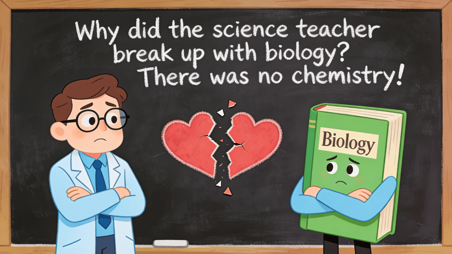 sad science teacher and biology book beside broken heart on chalkboard with funny chemistry breakup joke