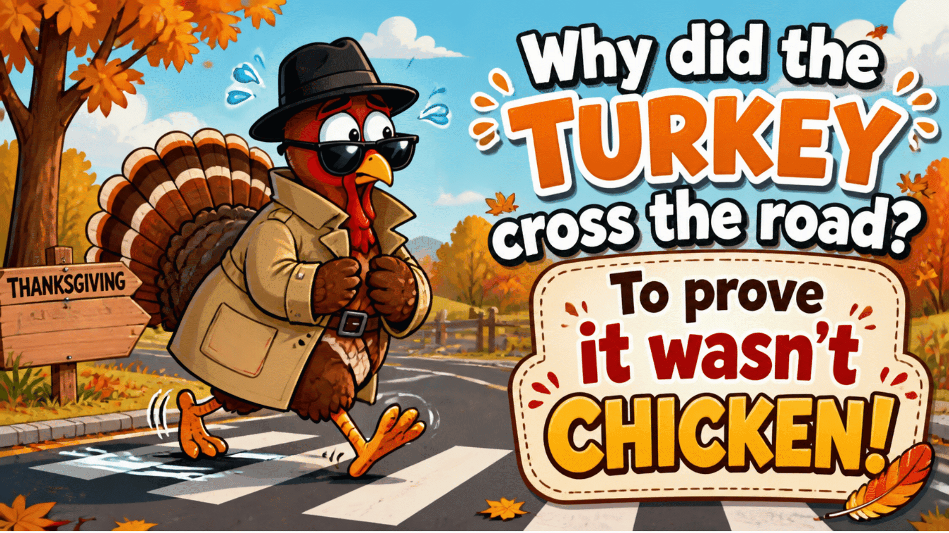 secret agent turkey crossing road to prove it was not chicken autumn cartoon scene