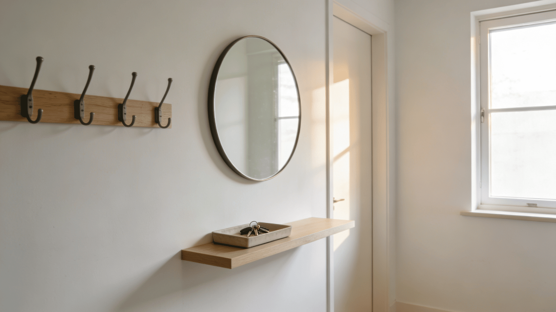 simple entryway with wall hooks round mirror floating shelf and soft natural light through window
