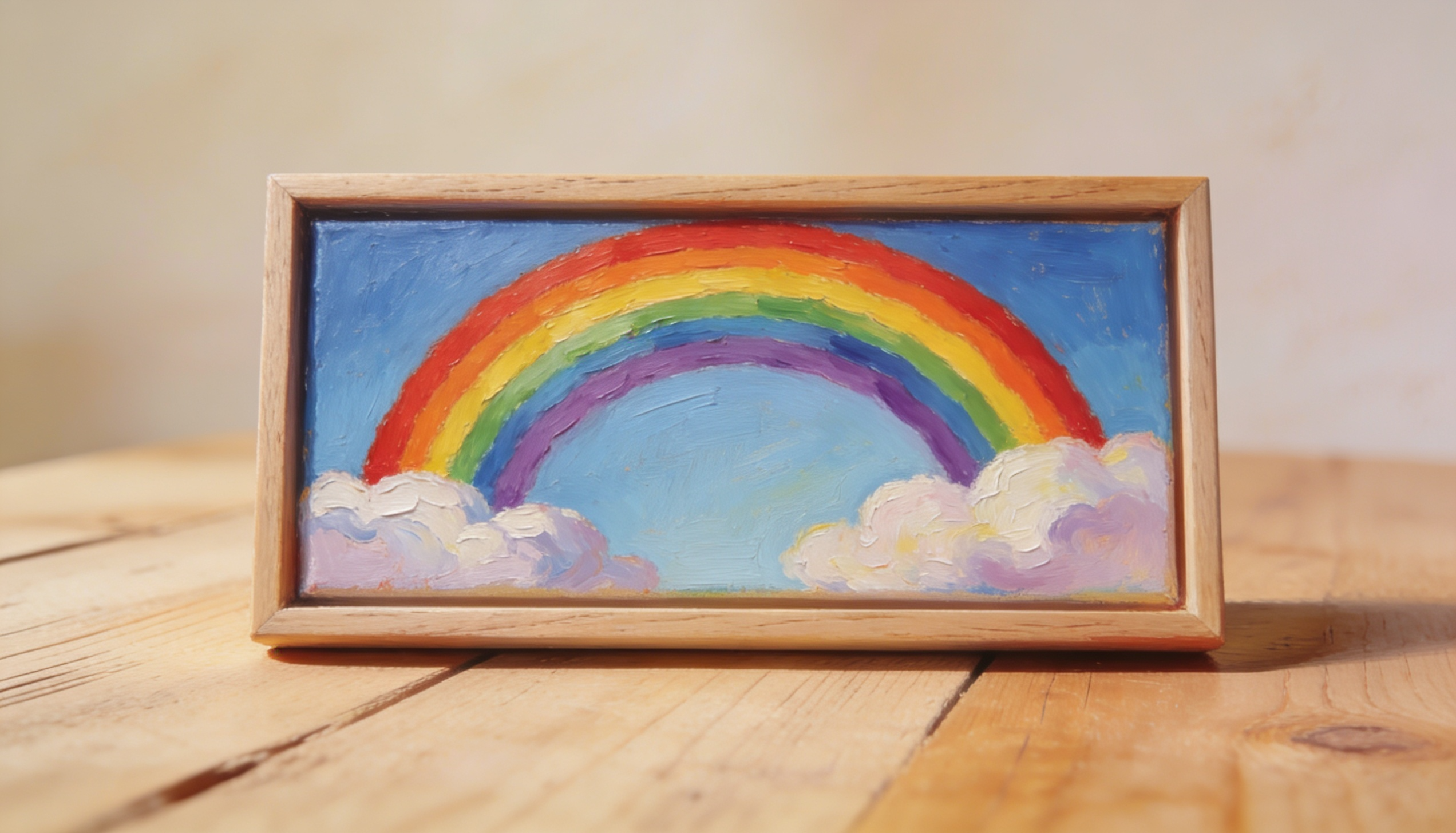 A small framed horizontal canvas painting of a bold classic rainbow arching over soft fluffy white clouds.