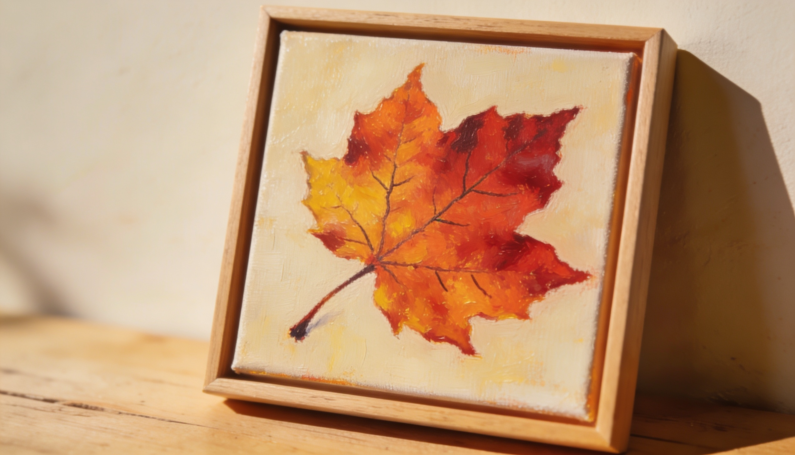 Framed autumn leaf painting with warm orange and red maple tones on a light background.
