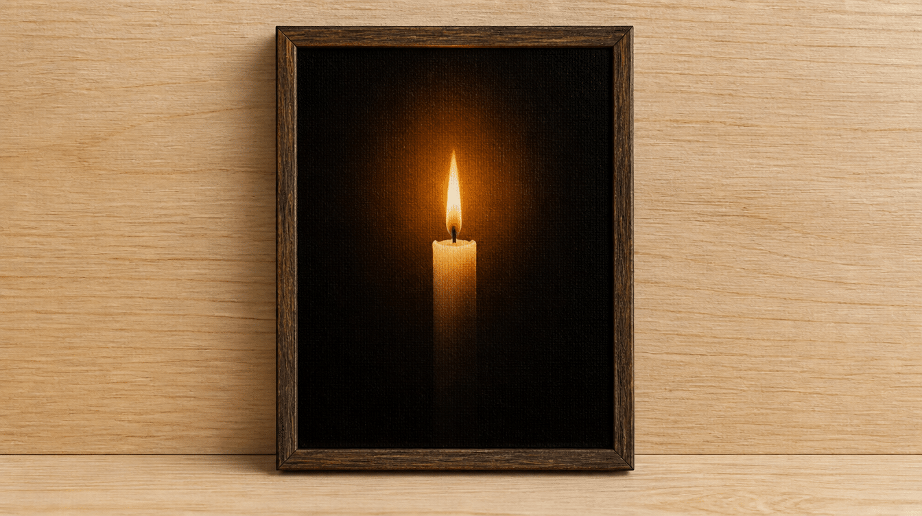 a slim white candle with a warm glowing yellow flame radiating soft light against a deep black background.