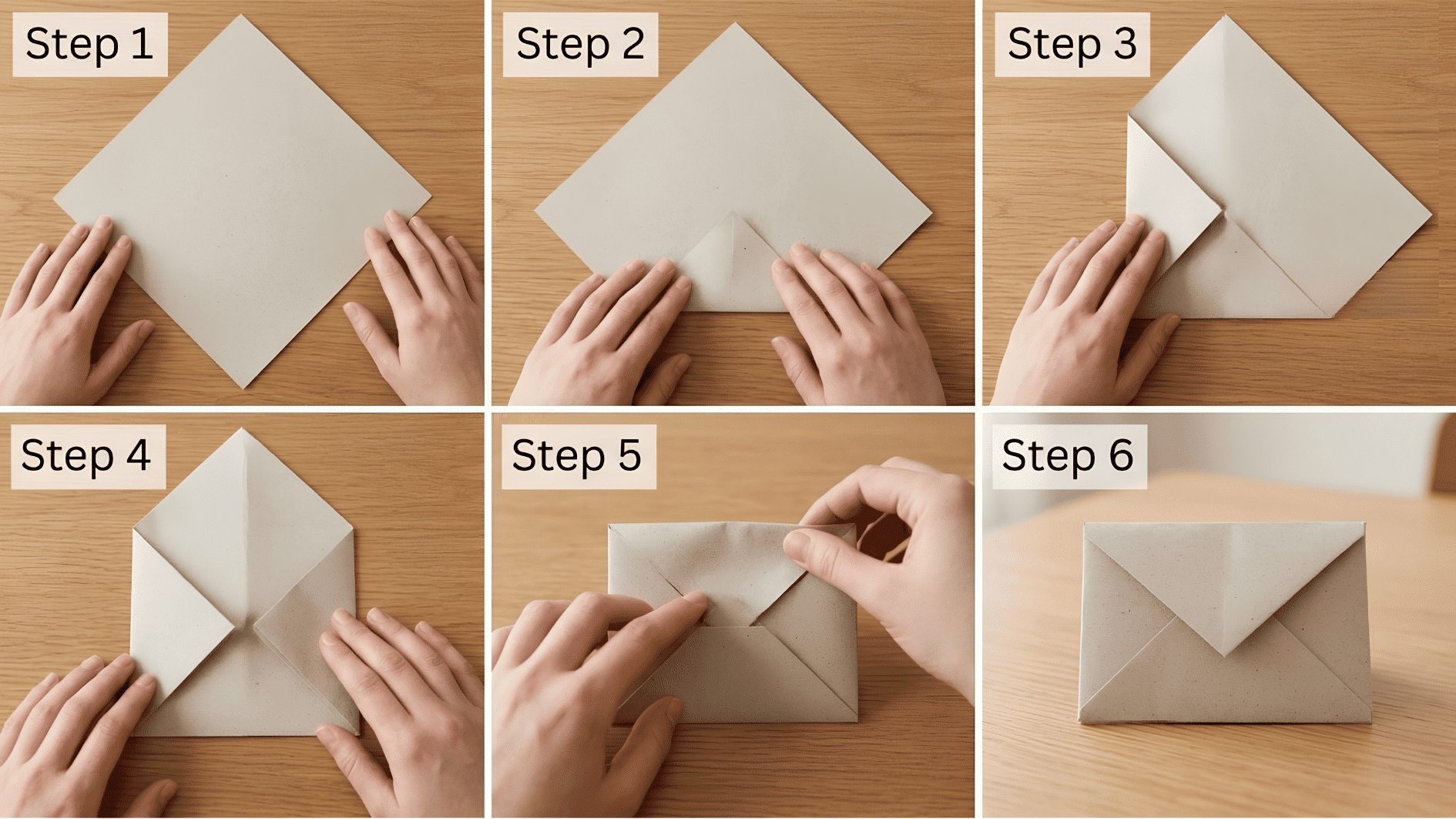 six step origami envelope tutorial with hands folding paper into a simple handmade envelope on wooden table