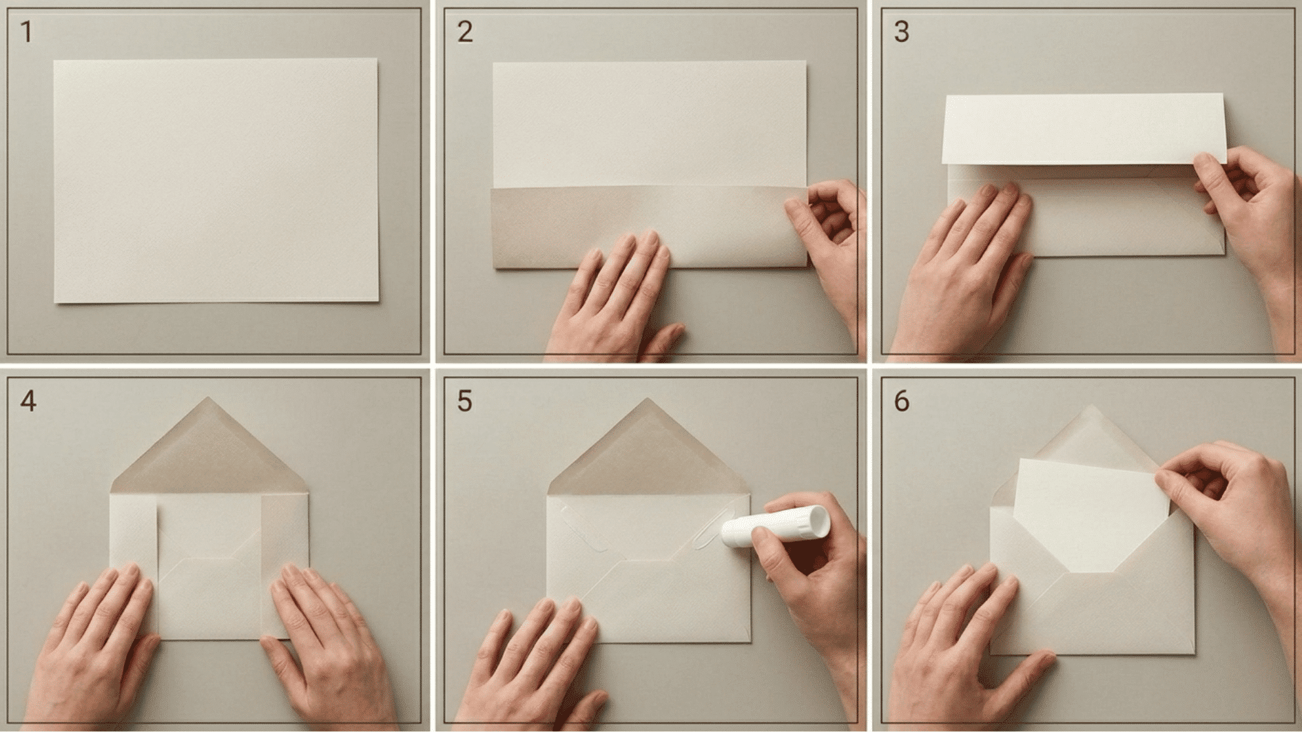 six step paper envelope folding tutorial with hands showing folds glue application and finished envelope design