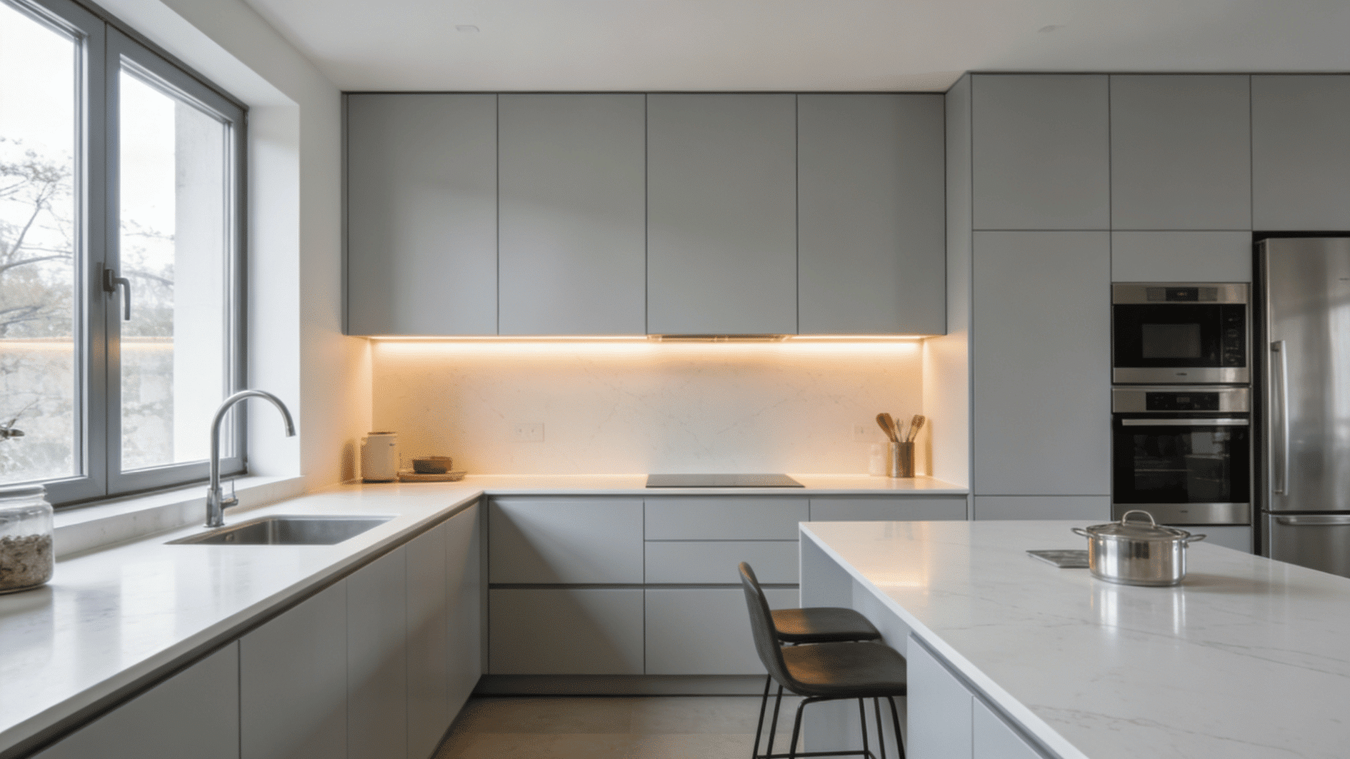 sleek modern kitchen with gray cabinets white countertops built in appliances and minimalist island seating