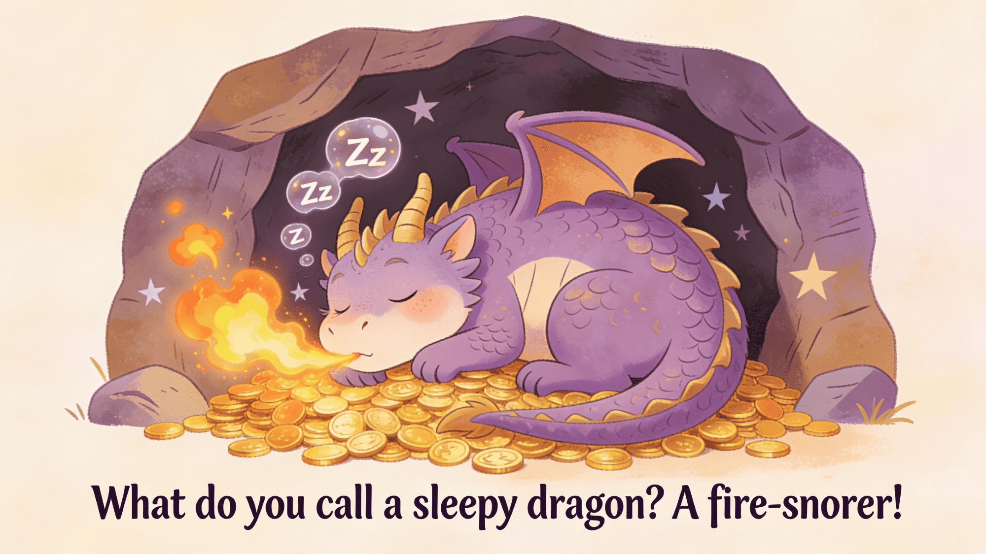 sleepy purple dragon fire snorer joke sleeping on gold coins