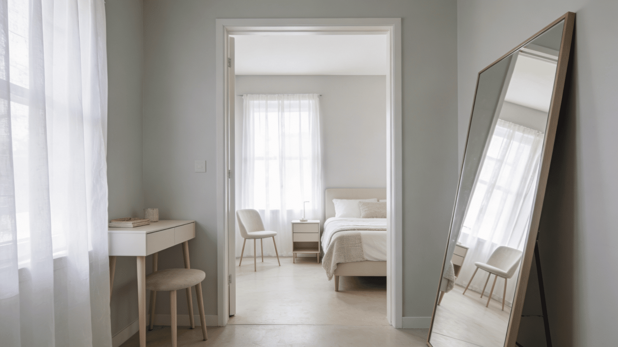 small spare bedroom with pale walls, slim-legged furniture, a large mirror, and sheer light-filtering curtains