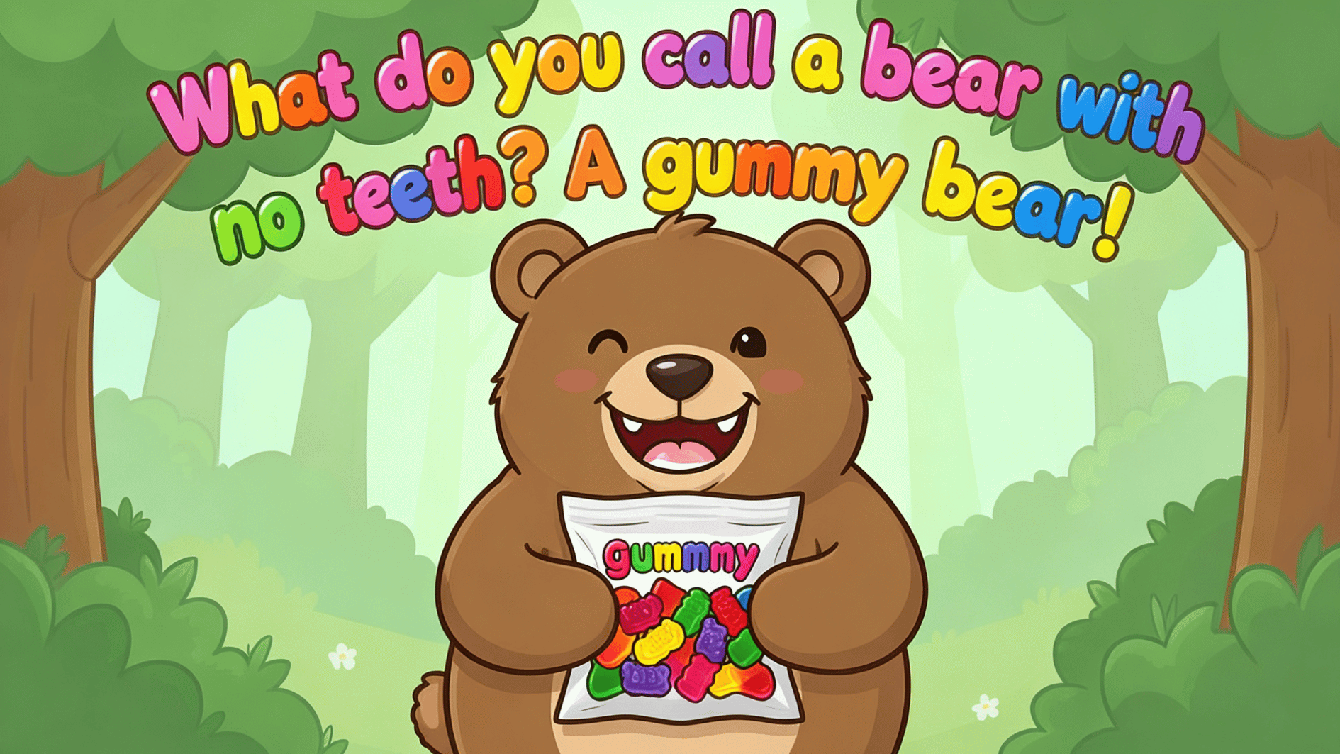 smiling cartoon bear holding gummy candy bag in forest with colorful joke text about gummy bear pun