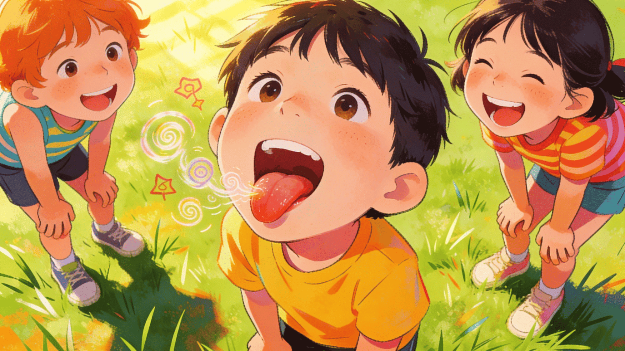 smiling children practicing tongue twister outdoors in sunny park