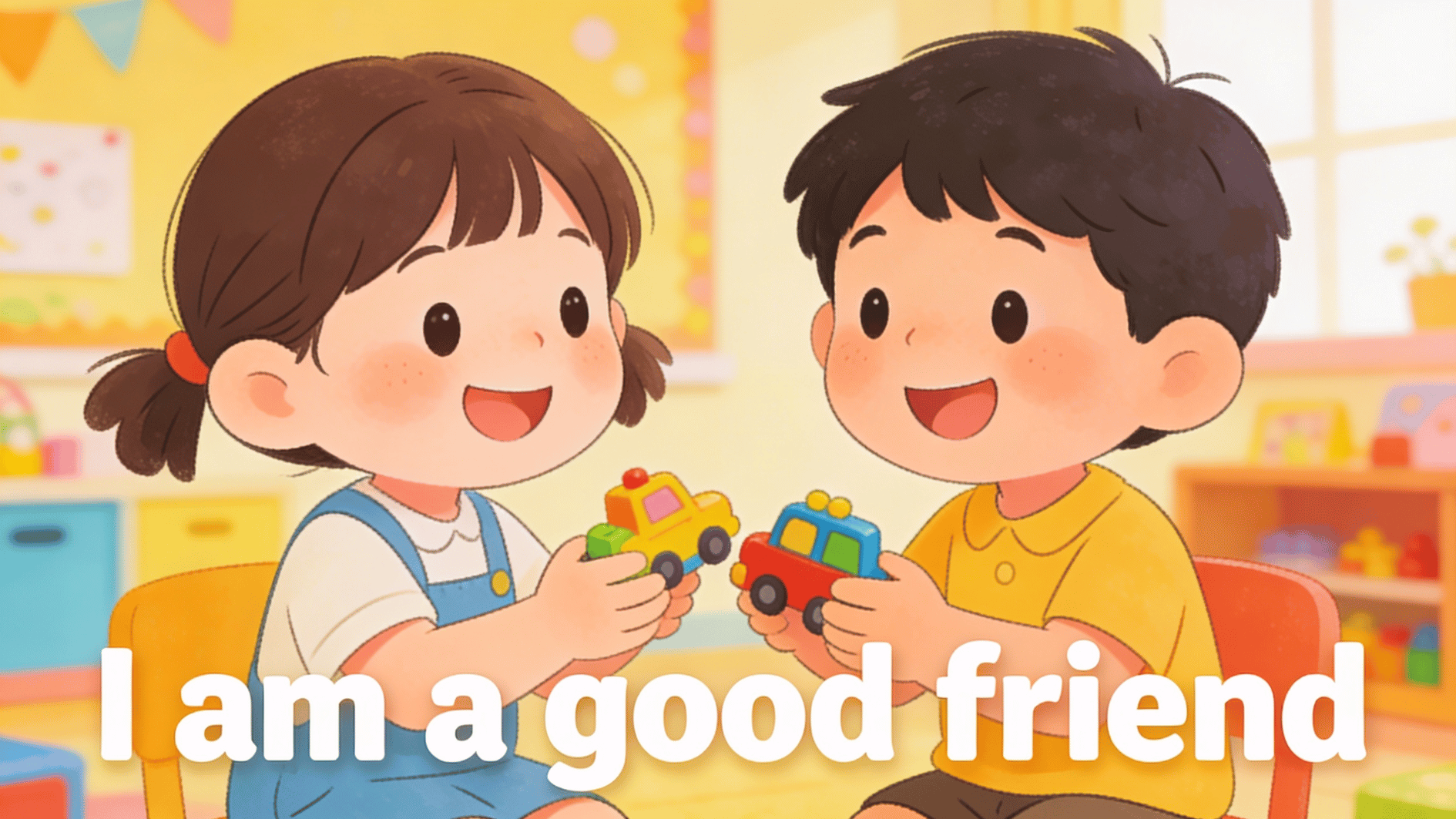 smiling children sharing toy cars in a colorful classroom with positive friendship affirmation and cheerful learning atmosphere