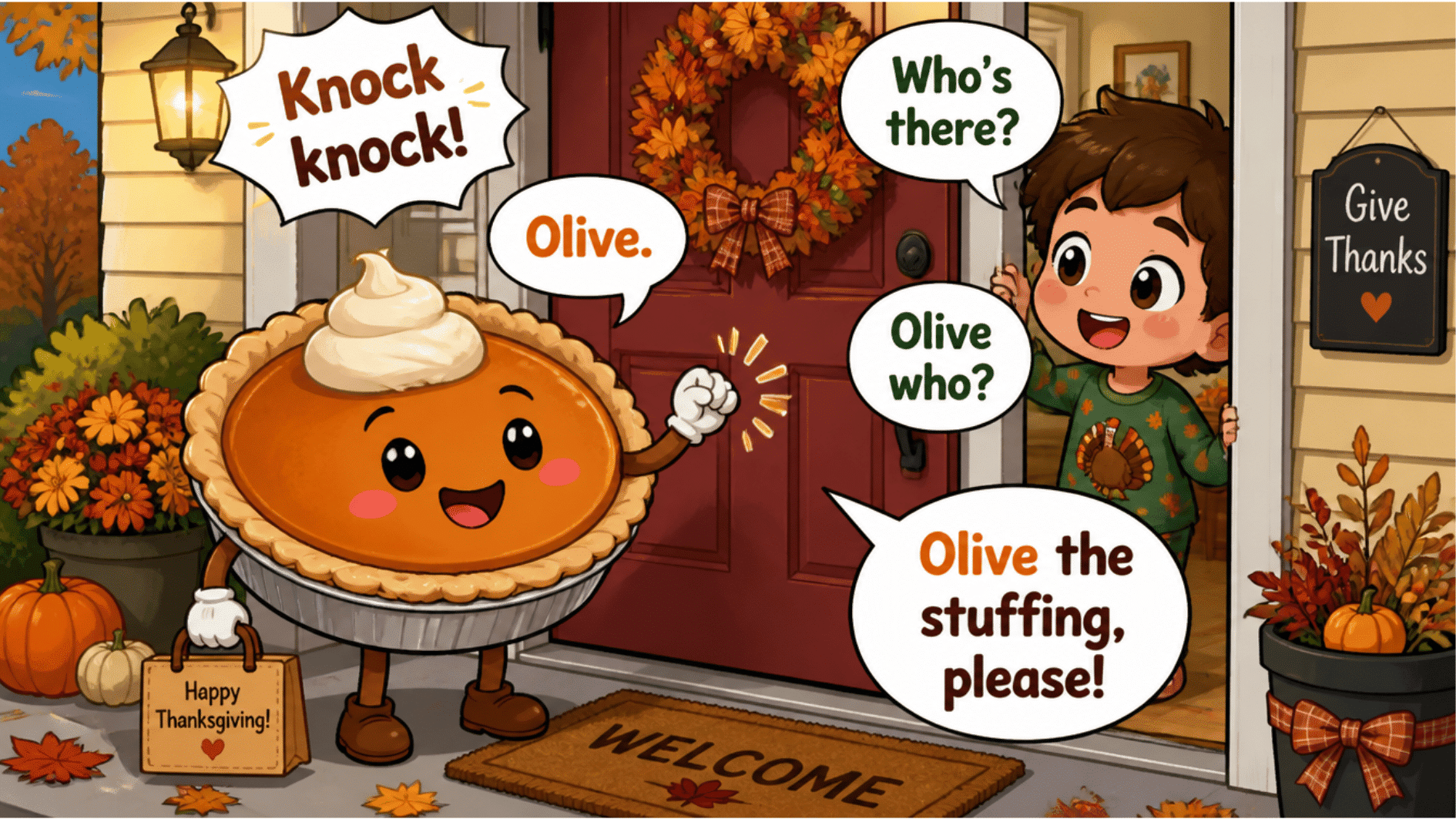 smiling pumpkin pie telling olive stuffing joke at front door with child during thanksgiving evening