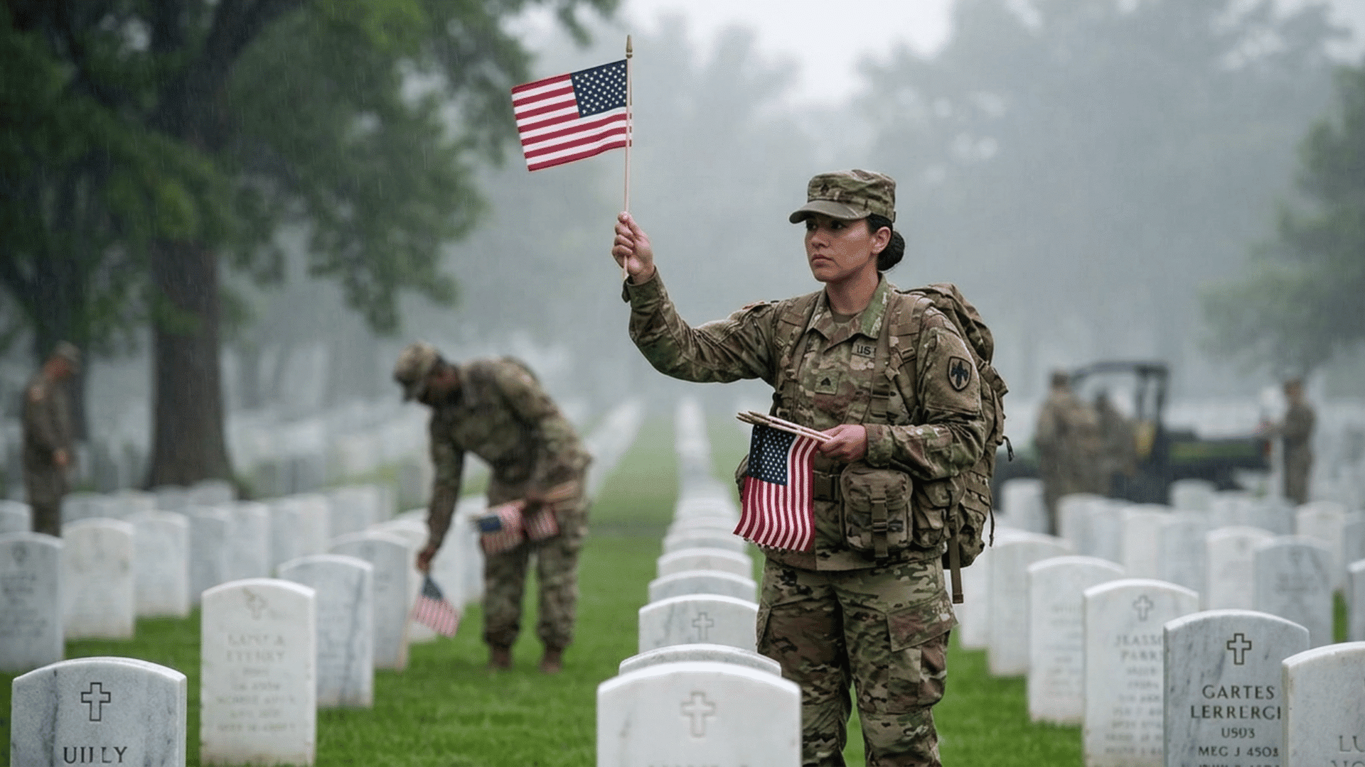 soldiers placing American flags beside white military headstones during a solemn Memorial Day remembrance ceremony.