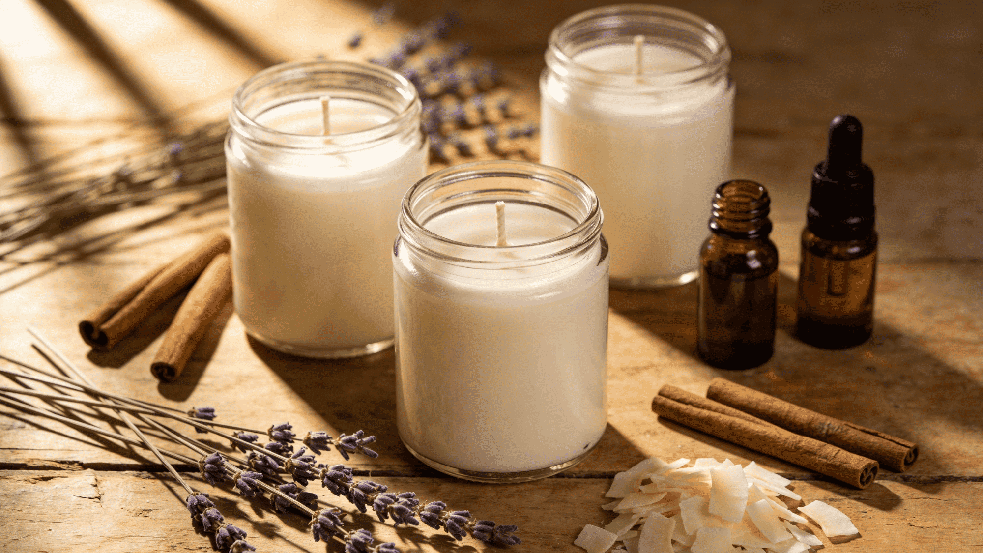 soy wax being poured from a pitcher into a glass mason jar with a centered wick held by pencils on a rustic wooden surface.
