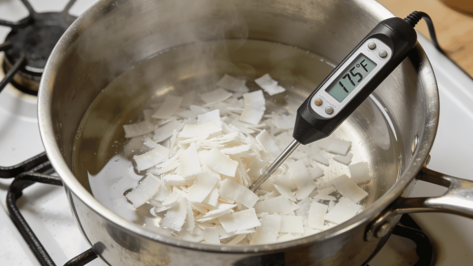 soy wax flakes melting in a double boiler on stove with a thermometer reading 175°F, soft steam rising.