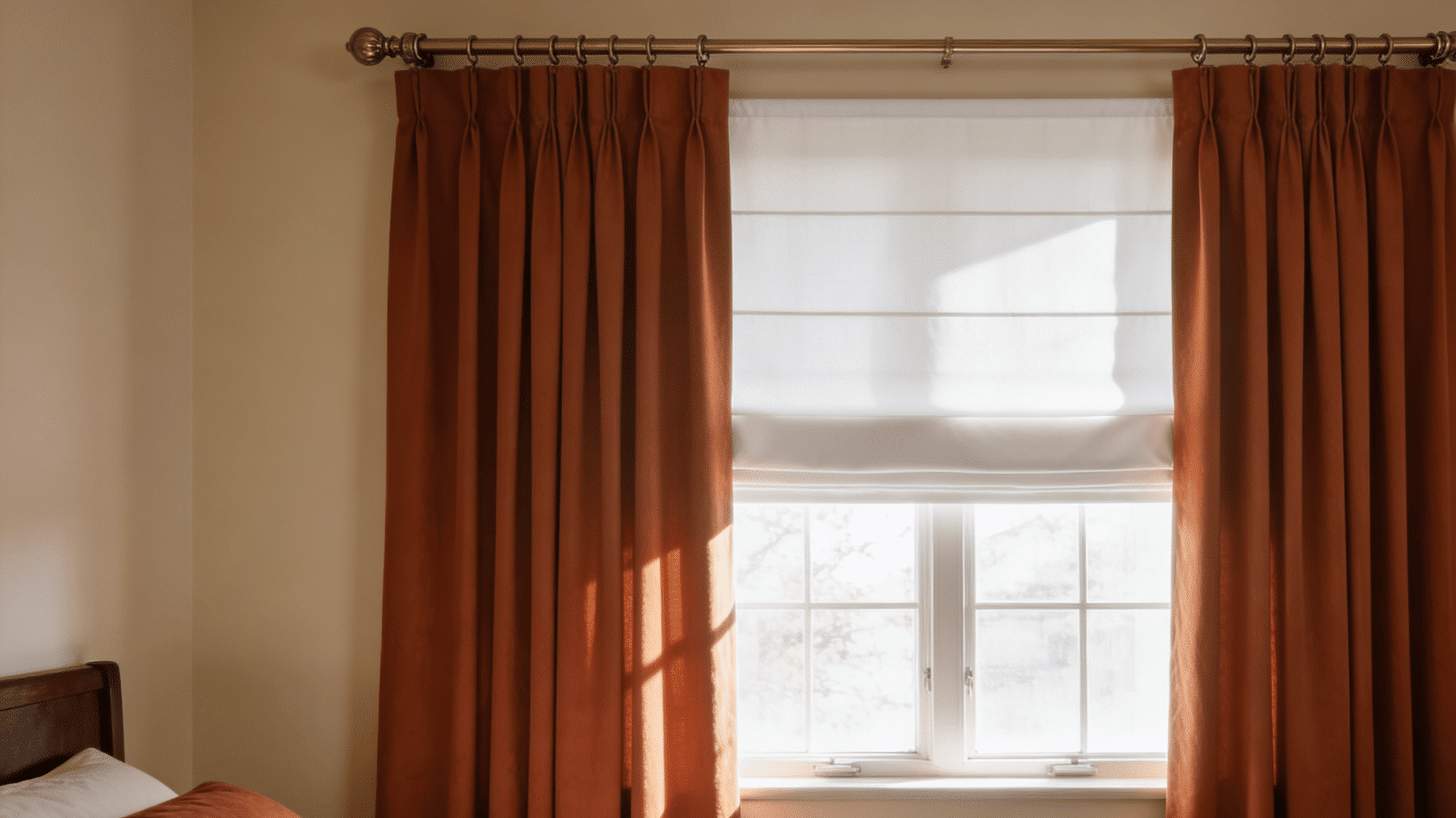spare bedroom window with a roman shade layered under floor-length curtain panels and coordinating hardware