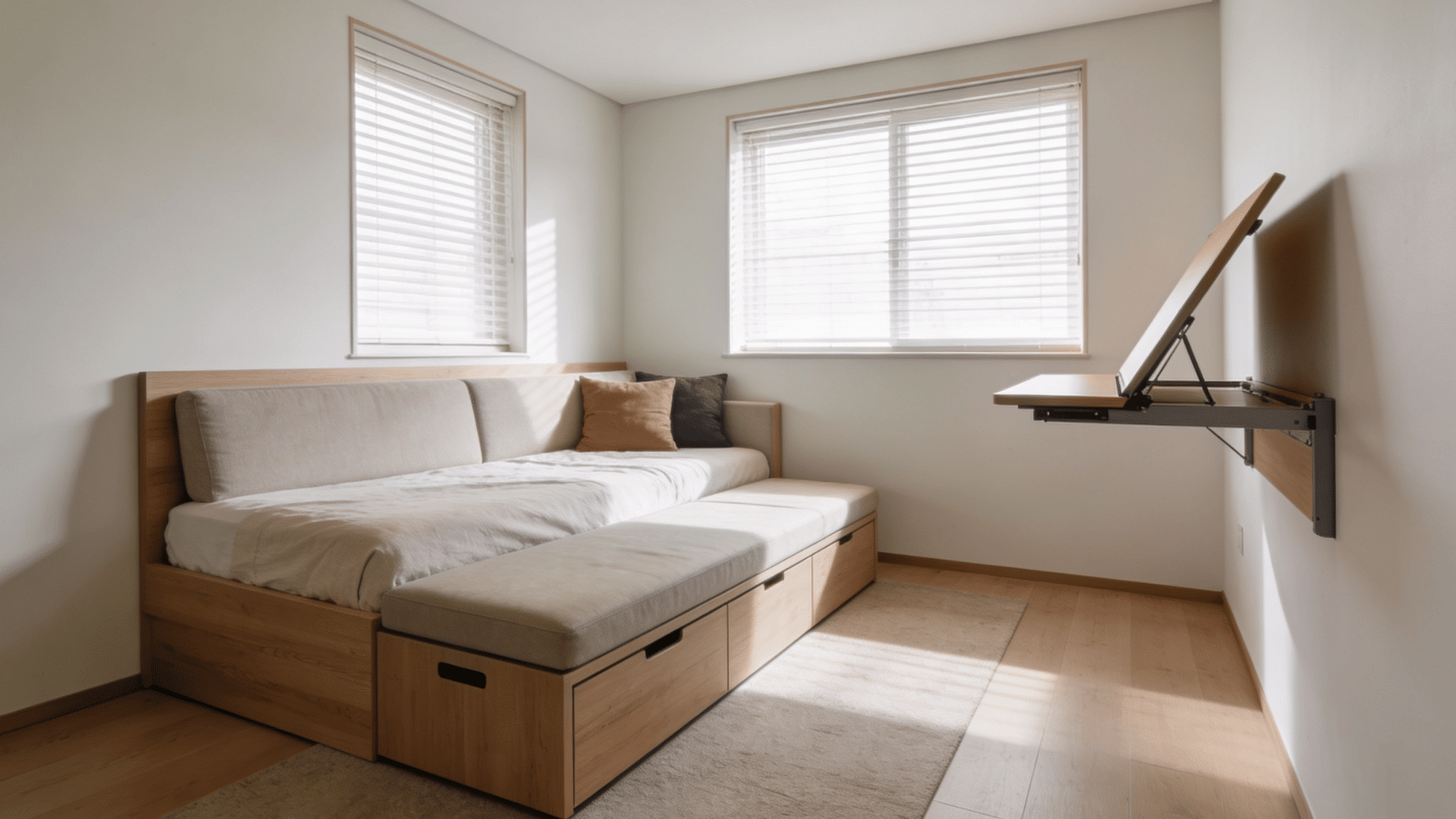 spare bedroom with a daybed sofa, storage ottoman, and wall-mounted fold-down desk as dual-purpose furniture