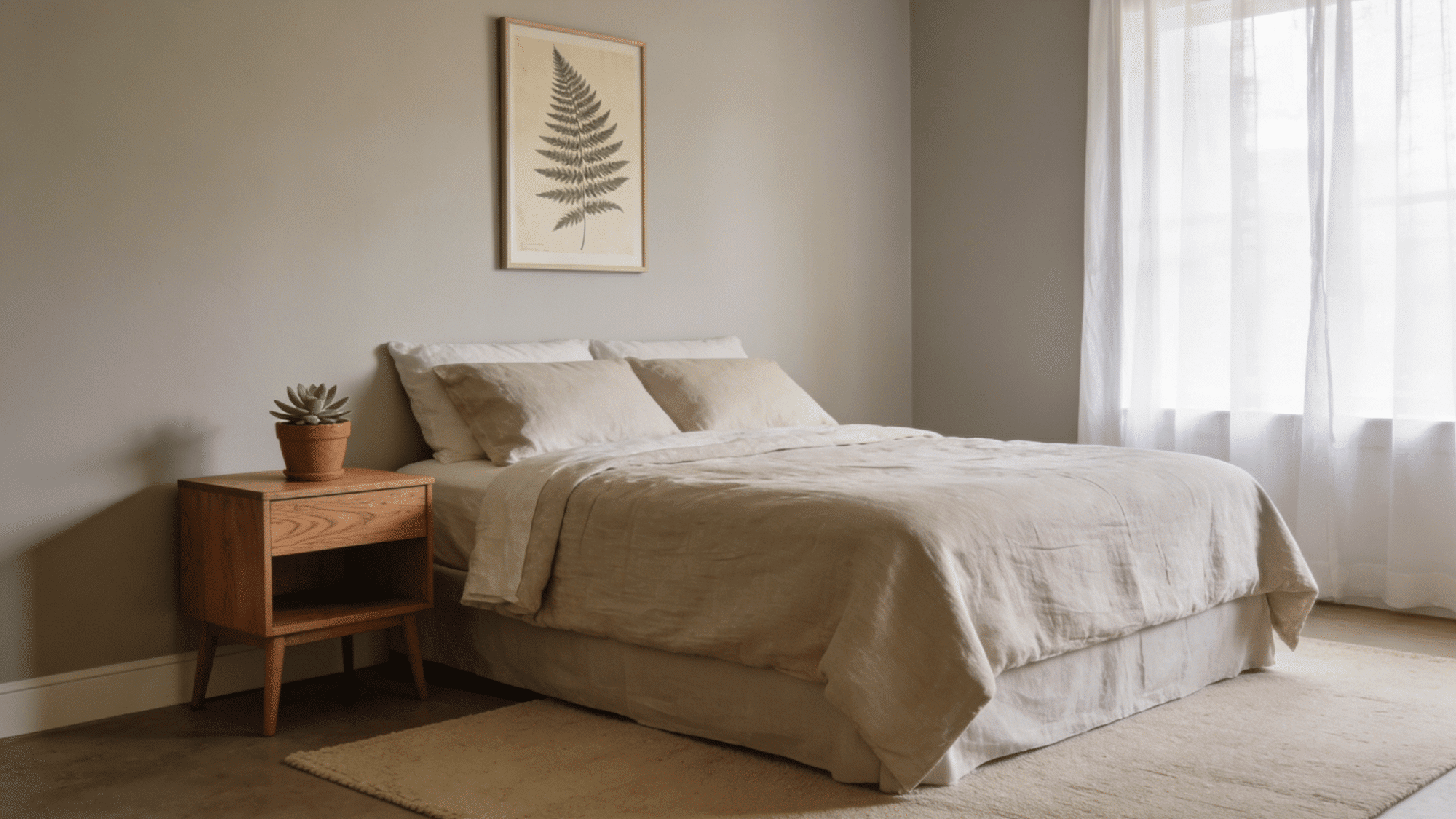 spare bedroom with a framed botanical print, small plant, and warm subtle decor that feels personal yet neutral