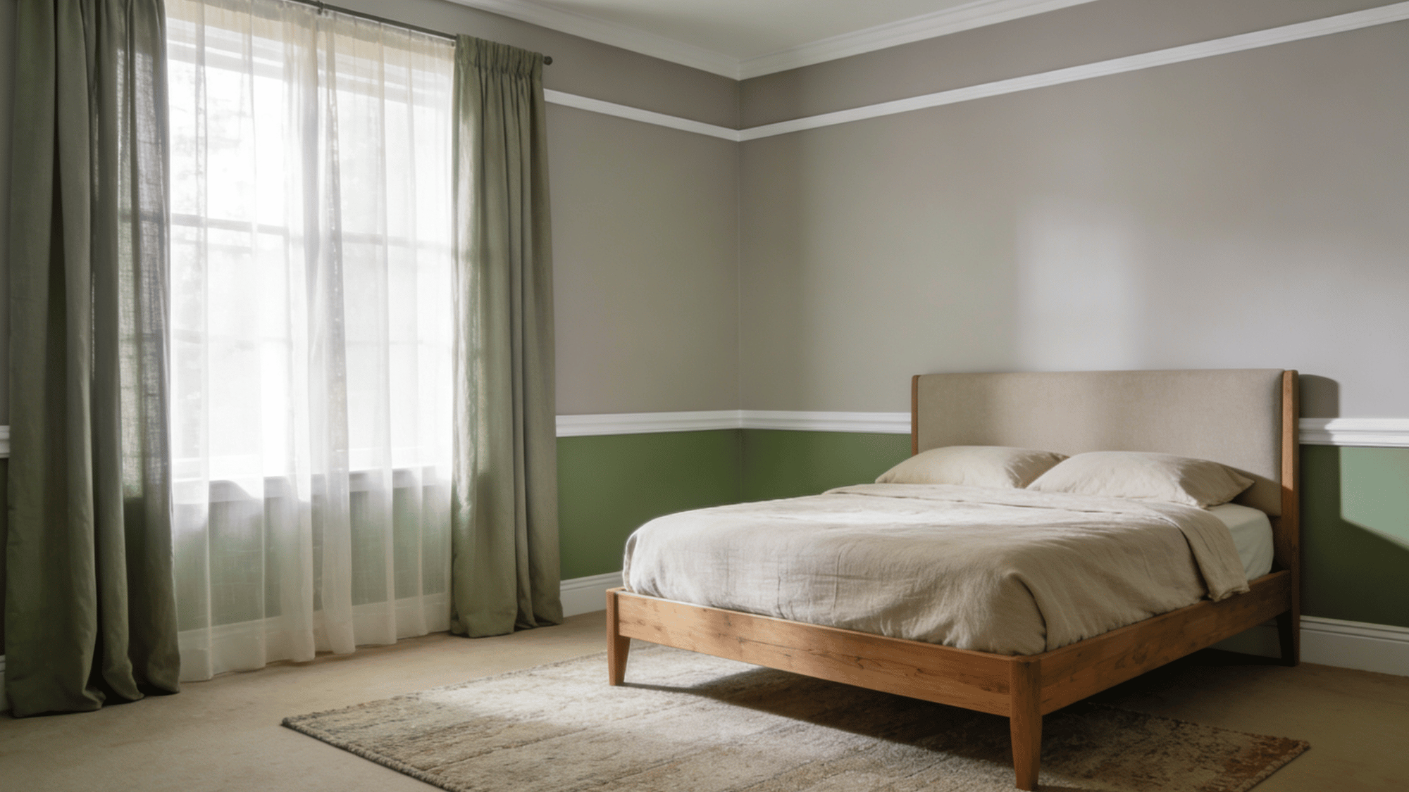 spare bedroom with greige walls, white trim, sage green accents, and neutral coordinating furnishings