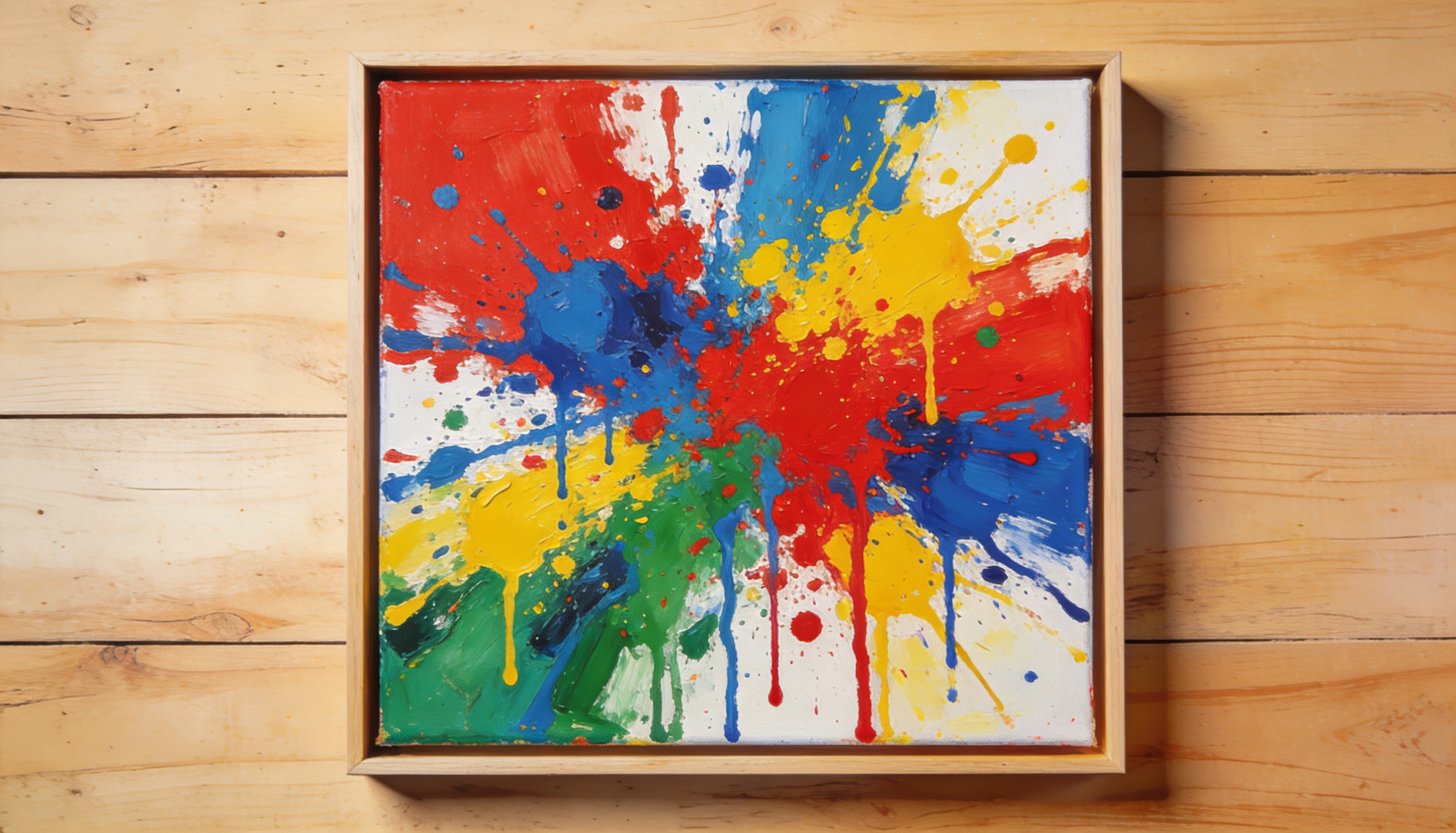 A large framed canvas covered in energetic flicked and splattered paint in bold red, blue, yellow, and green on a white background.