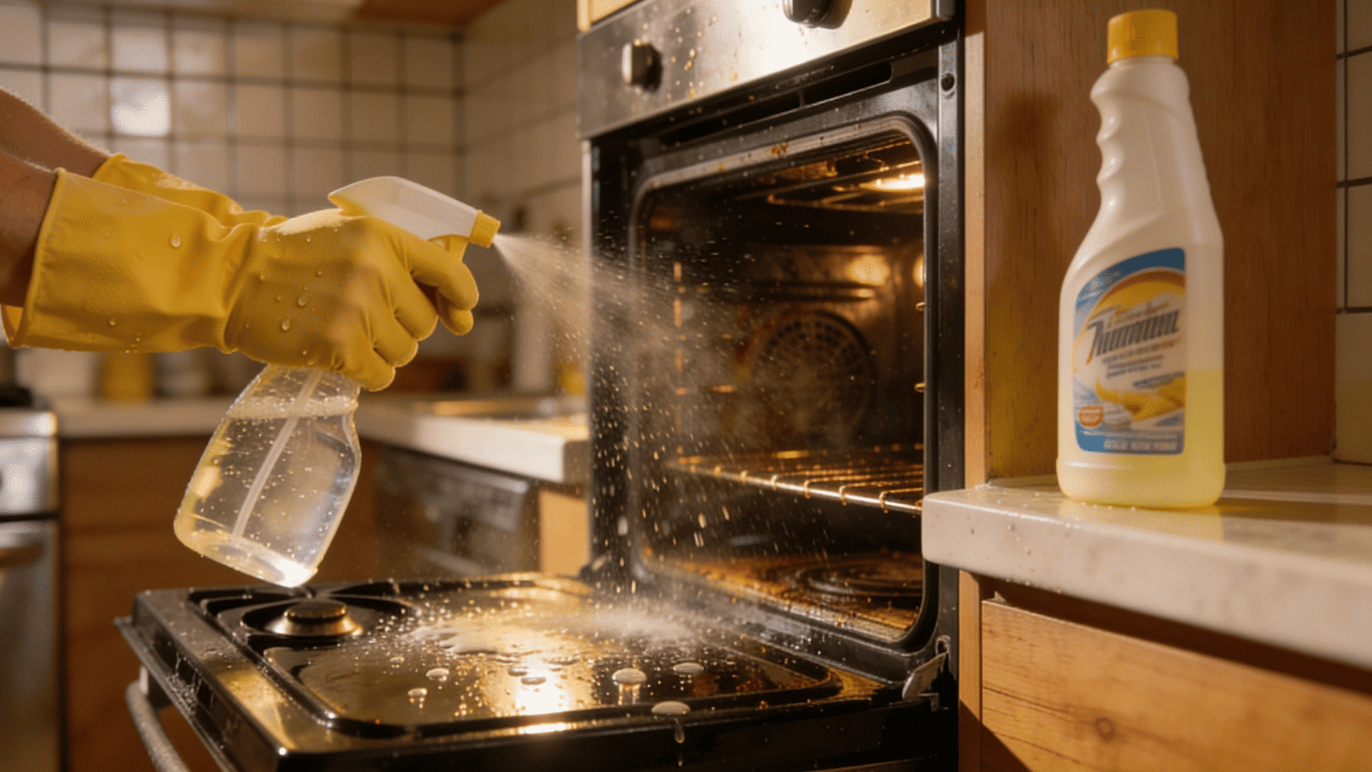 spraying and cleaning a greasy oven while wearing yellow rubber cleaning gloves